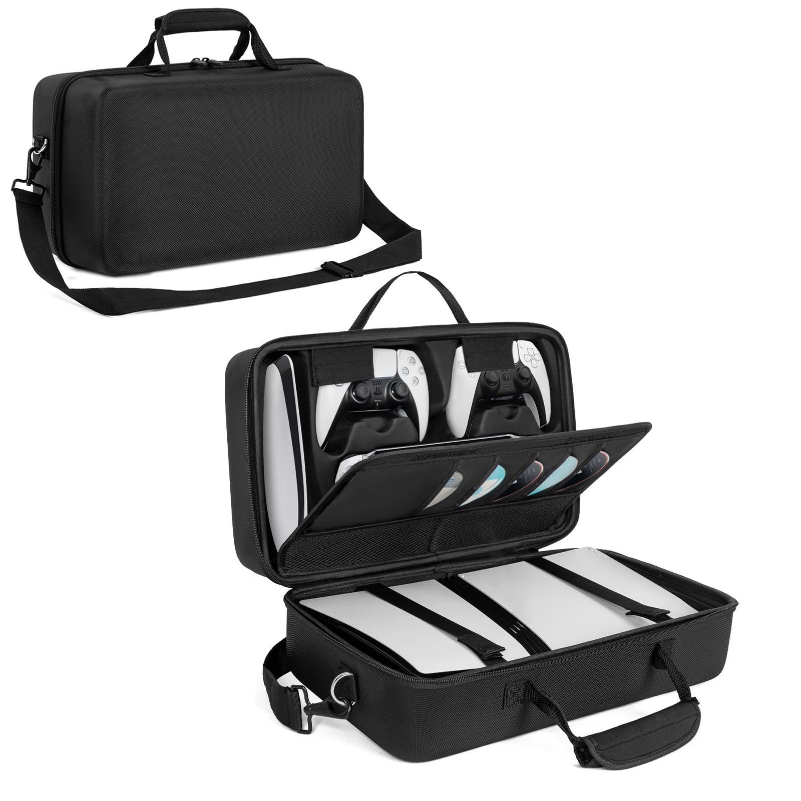 OUUTMEE Custodia per PS5 Pro, nera, custodia portatile, compatibile con PS5 Pro, borsa protettiva con tracolla per console PS5, disco/edizione digitale, schede di gioco, HDMI