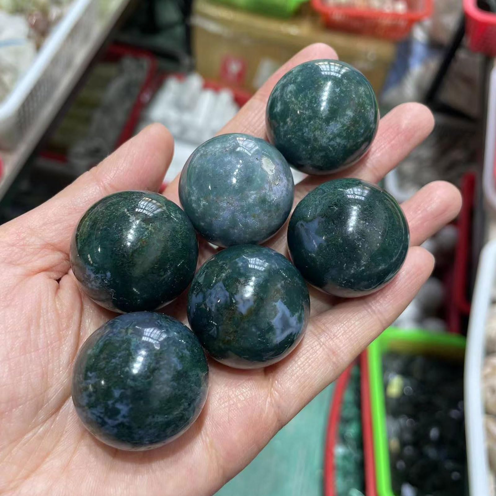Natura Moss Agat Kryształowa Kula 7 Kul Kulki dekoracyjne 30 mm/1,2 cala do Reiki, uzdrawiania energetycznego, medytacji, kamieni palmowych, kamieni dotykowych