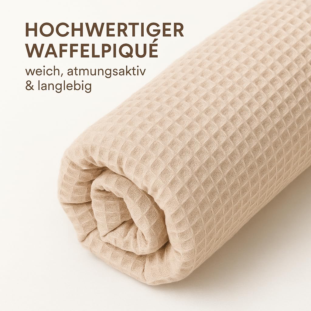 Schlangenmanufaktur® Baby Kuschelschlange Waffelpique Beige aus 100% Baumwolle – handgefertigt in Bayern, atmungsaktiv & Öko-Tex zertifizierte Materialien – Laufstall-Umrandung (450x13cm)