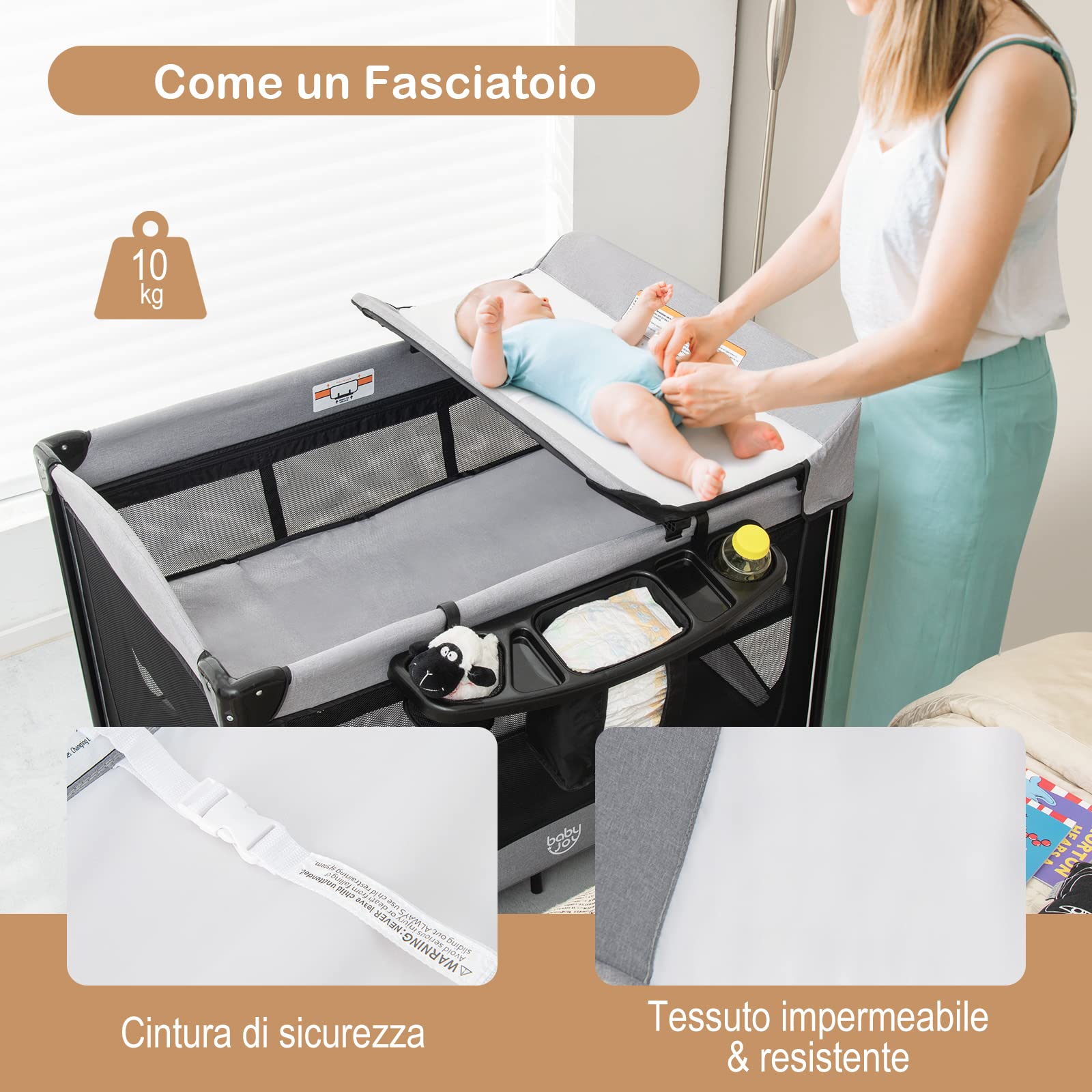 COSTWAY Lettino da Campeggio con Materasso, Lettino Pieghevole per Bambini con Fasciatoio, Culla da Viaggio con Ruote, Giocattolo, Lettino Bambini Staccabile, per Bambini 0-36 Mesi (Nero)