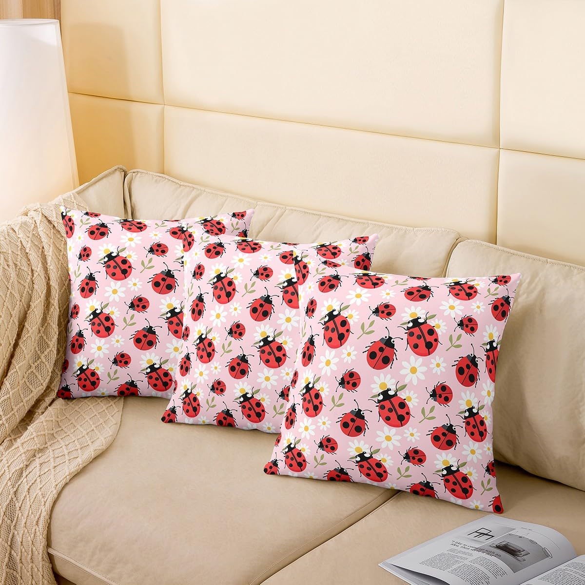 Cute Ladybug Throw Pillow Covers 24"x24" Cartoon Dasiy Flower Pillowcases Wild Animal Theme Reversible Print Cushion Cover Green Botanical Leaves Pillow Covers for Sofa,Set of 2