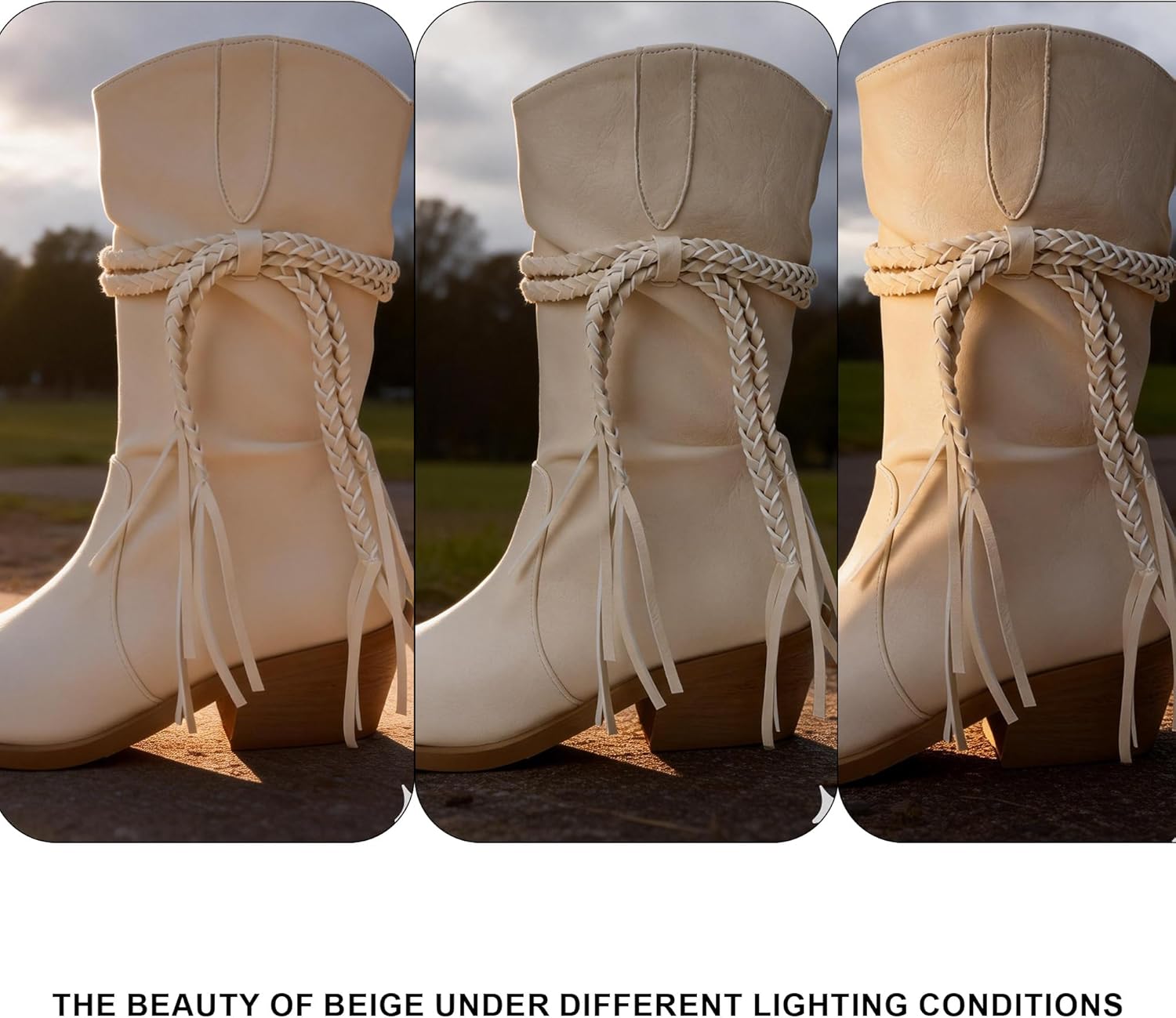 Mid Calf Cowboy Boots For Women Pointy Toe Suede Bohemian Western Boots with Low Chunky Heel & Woven Fringe