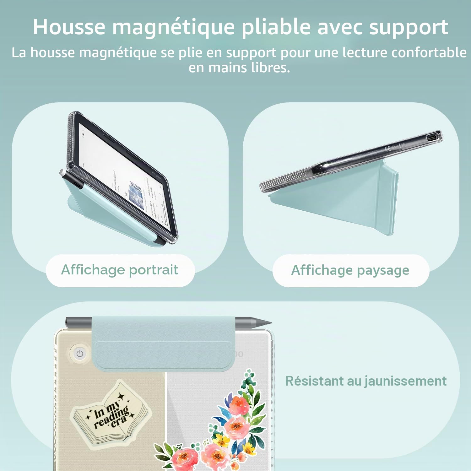 TUDIA M-Flip Coque Magnétique Transparente Amovible Compatible avec Kobo Libra Colour (2024) [Veille/Réveil Automatique] Étui Arrière Transparent Pliable avec Porte-Stylet (Bleu Layette)