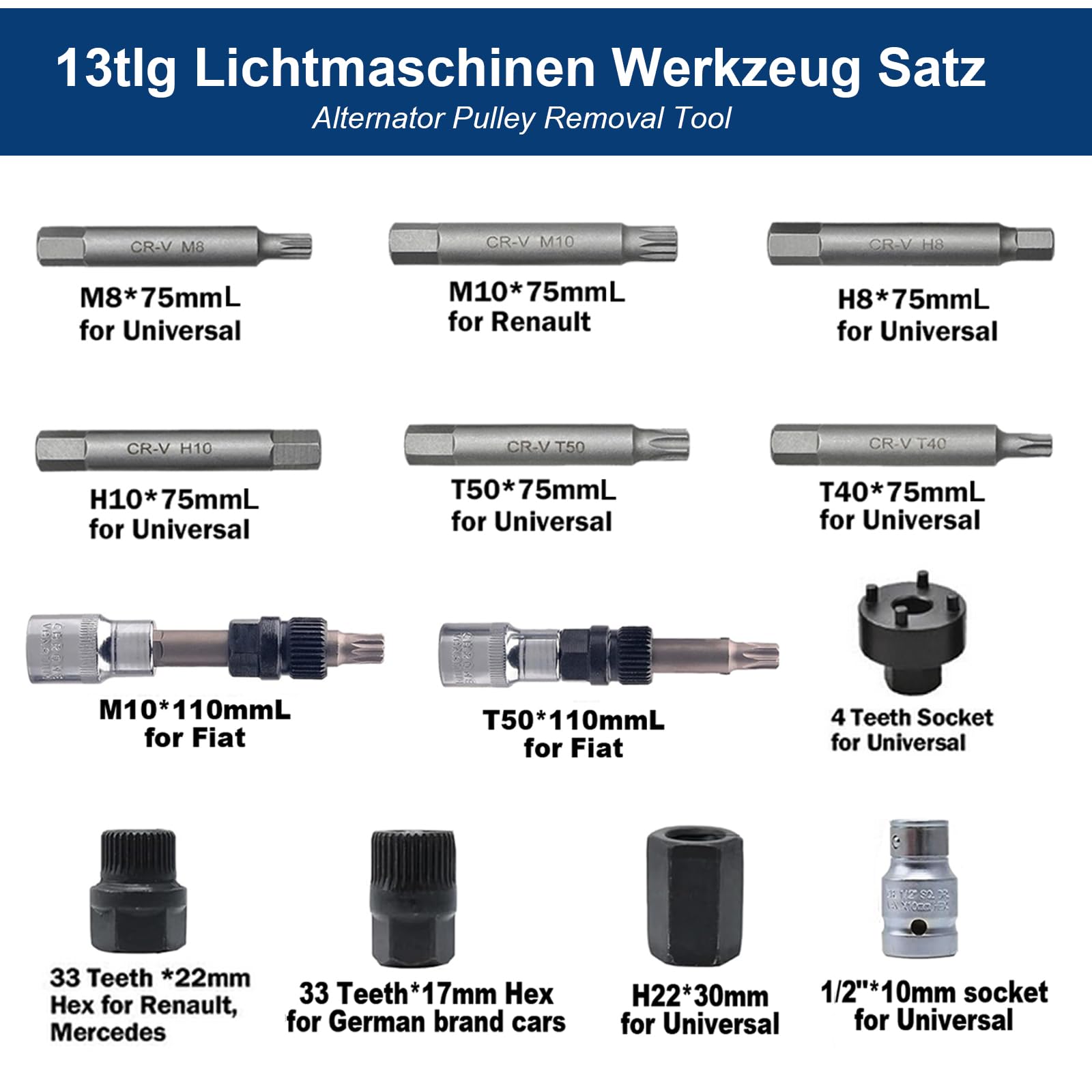 Lichtmaschinen Werkzeug Satz 12.5 mm 1/2" Antrieb, Generator-Demontagewerkzeug zum Entfernen der Riemenscheibe (13tlg)