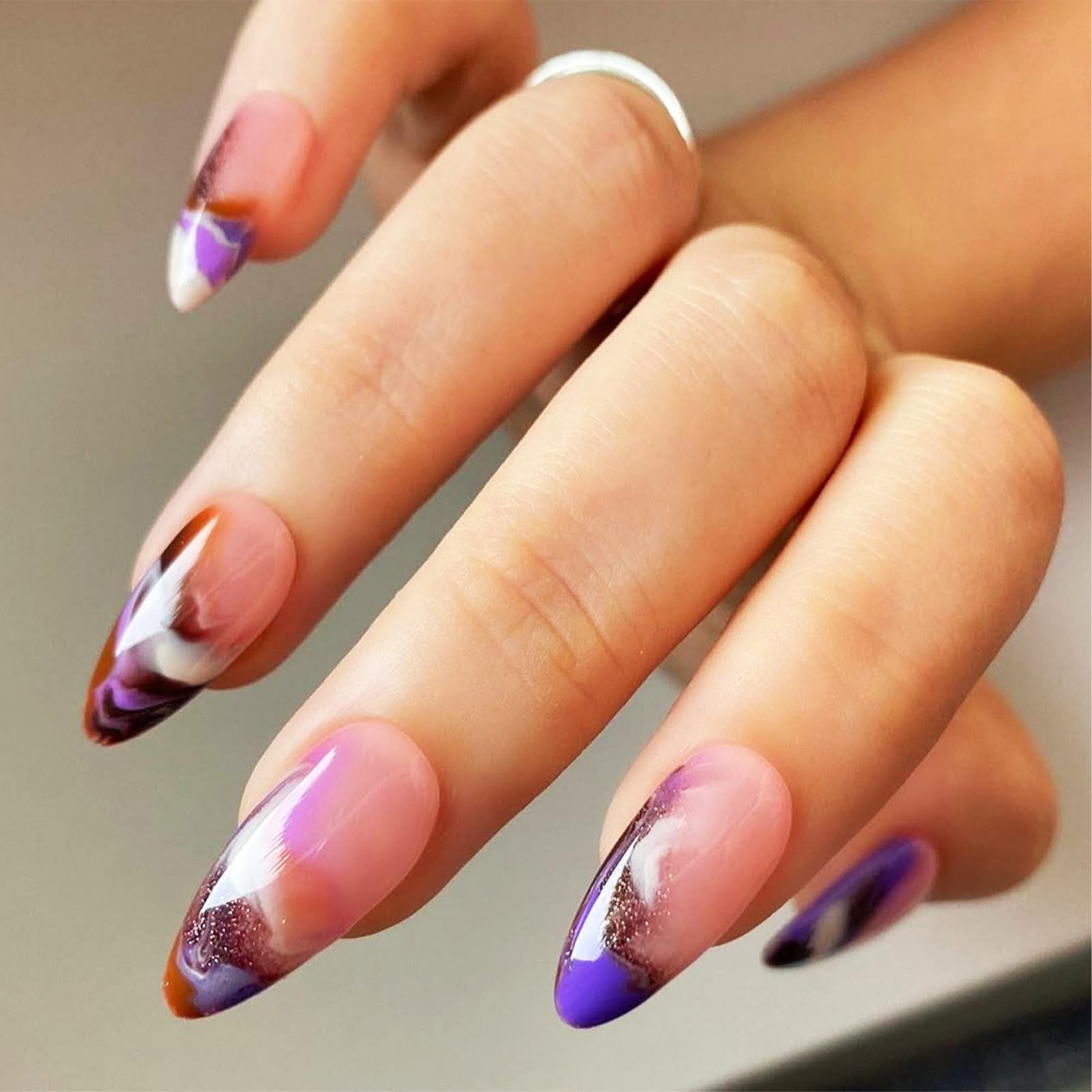 Nebula Press on Nails 24Pcs French Tips False Nails Brown Ombre Medium Almond Acrylic Fake Nails Glossy Purple Gradient Stick on Nails Multicolor