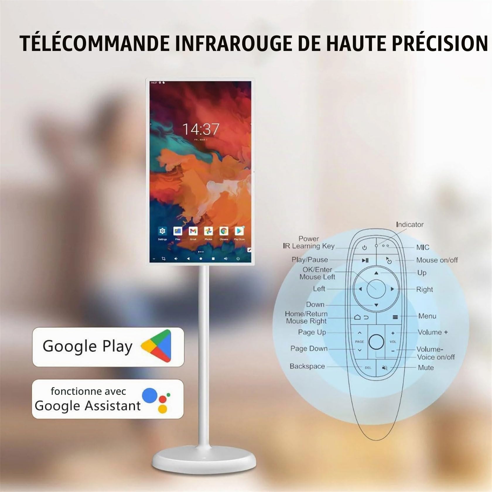 TéLéViseur Intelligent Portable 24, 27 Et 32 ​​Pouces, Support TV Mobile, Moniteur Tactile sur Pied, Moniteur Tactile 1080p sur roulettes avec TéLéCommande Et Rotation ComplèTe 24inch-4+64G
