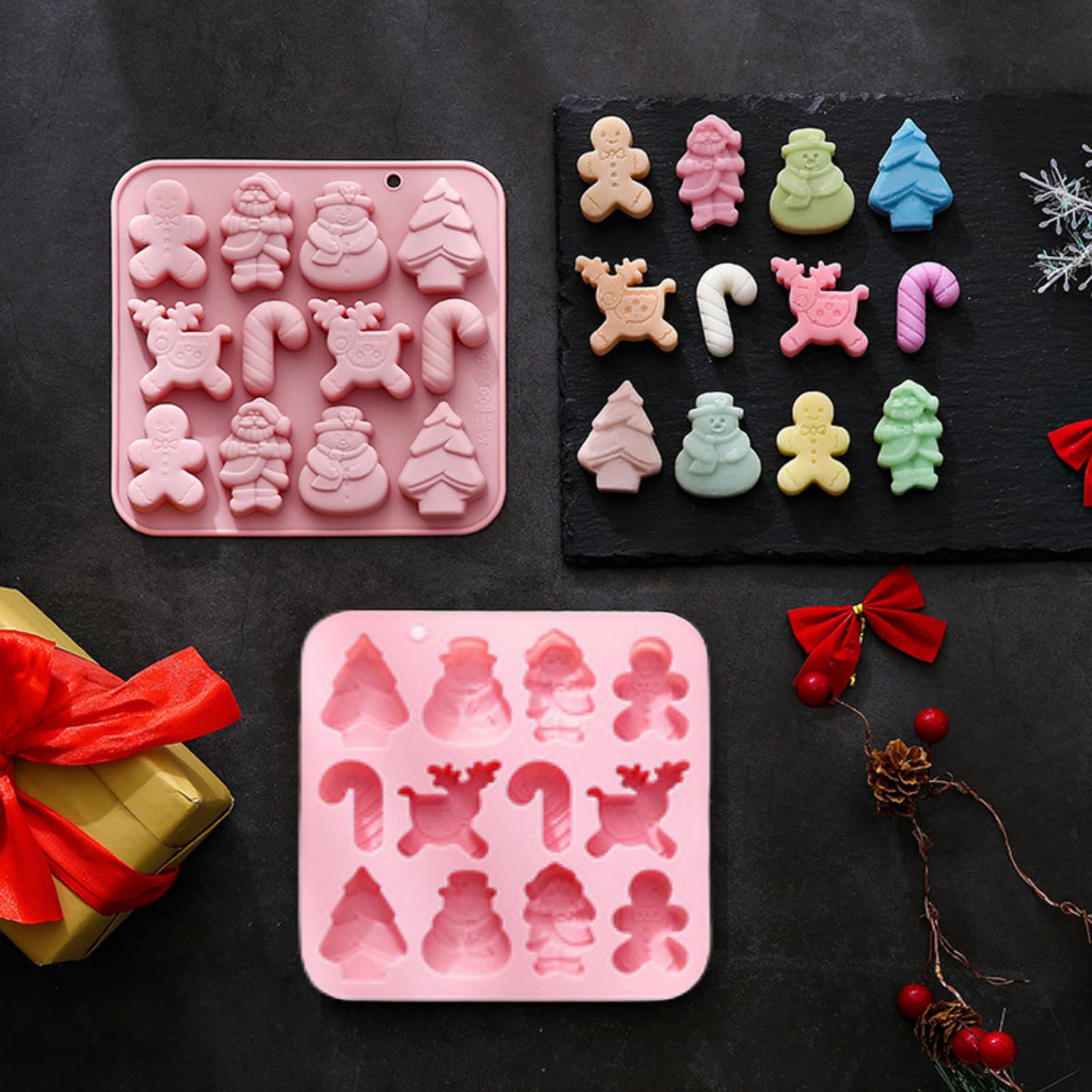 Moule Silicone Noël 12 Cavités - Motifs Bonhomme Pain D'épices, Arbre, Père Noël, élan - Pour Chocolat, Savon, Décoration