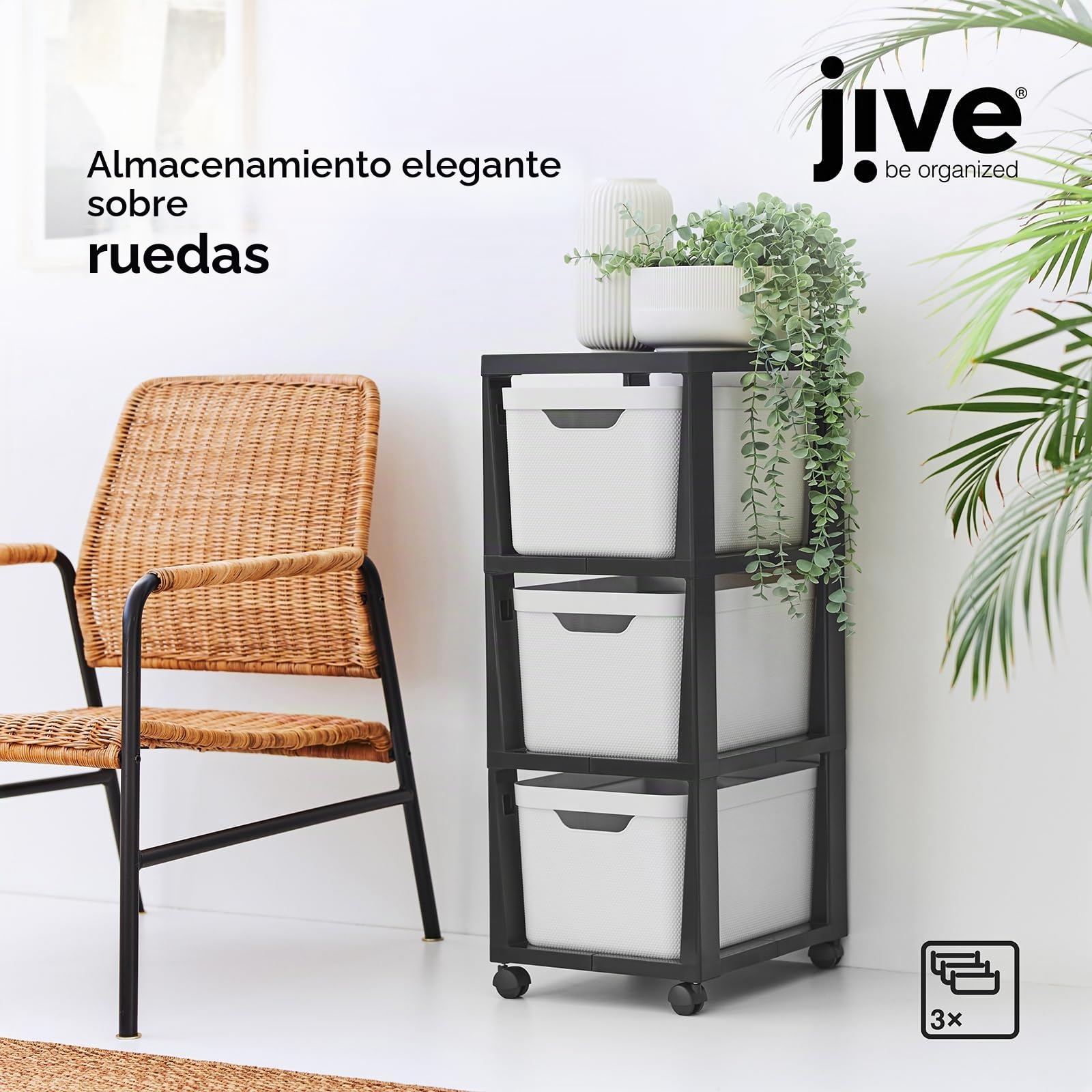 Rotho Jive Cajonera móvil con 3 cajones, 3 x 16l (37.9 x 30.4 x 32.9 cm) | Torre de almacenaje de plástico PP sin BPA con 4 ruedas giratorias para baño y cocina, diseño elegante en antracita y blanco