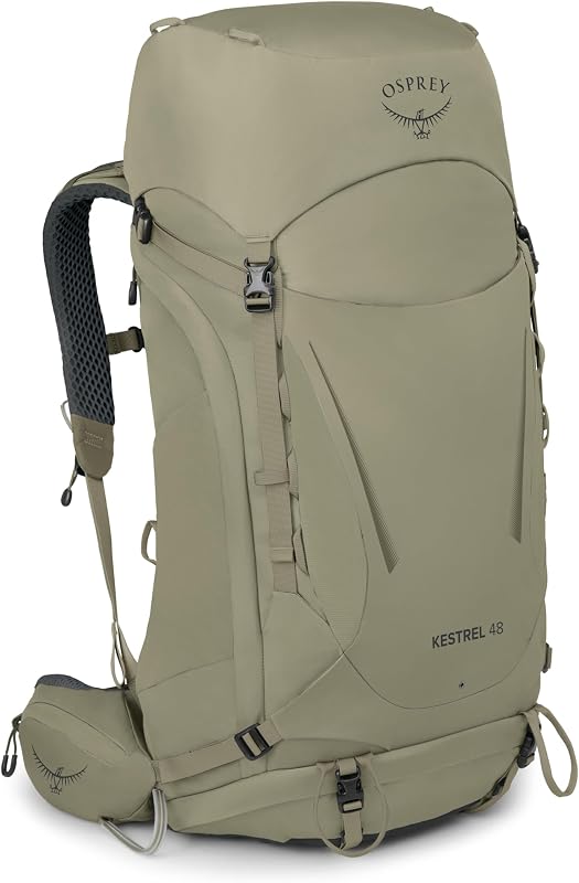 Osprey Kestrel 48L Men's Backpacking Backpack, Tan L-XL | hiking pack, camping gear, overnight trail pack, waterproof raincover, rain cover included, waterproof storage, dry bag