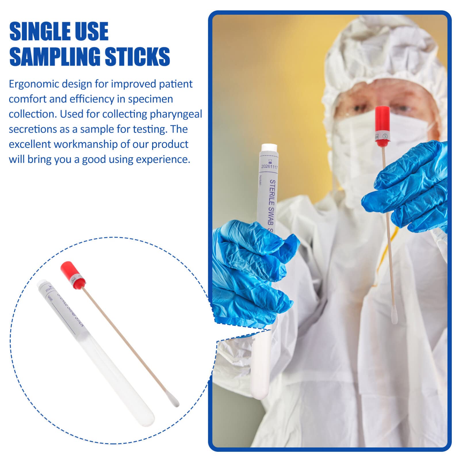 iplusmile Lot de 100 Écouvillon de Prélèvement Stérile 17,5cm, Bâtonnet Long en Bois et Coton à Usage Unique, Écouvillons Emballage Individuel pour Spécimen de Gorge, Test Médical et Laboratoire
