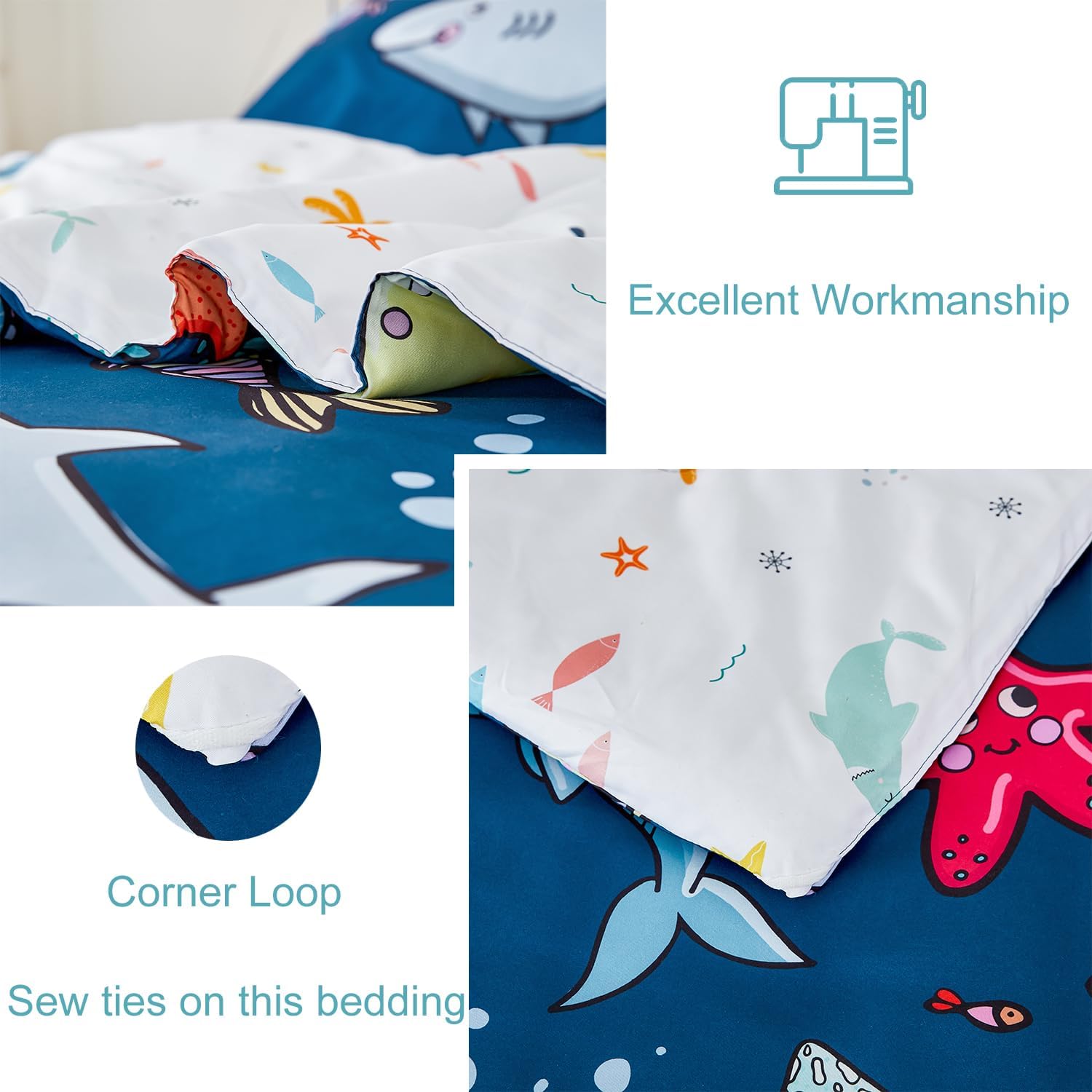 WINLIFE Kids Comforter Set for Boys Twin Size Ocean Themed Bedding Set Sea Creature Shark Printed Soft Lightweight Reversible Teen Boy Comforter Sets (3-Pieces, Navy Blue) - Image 8