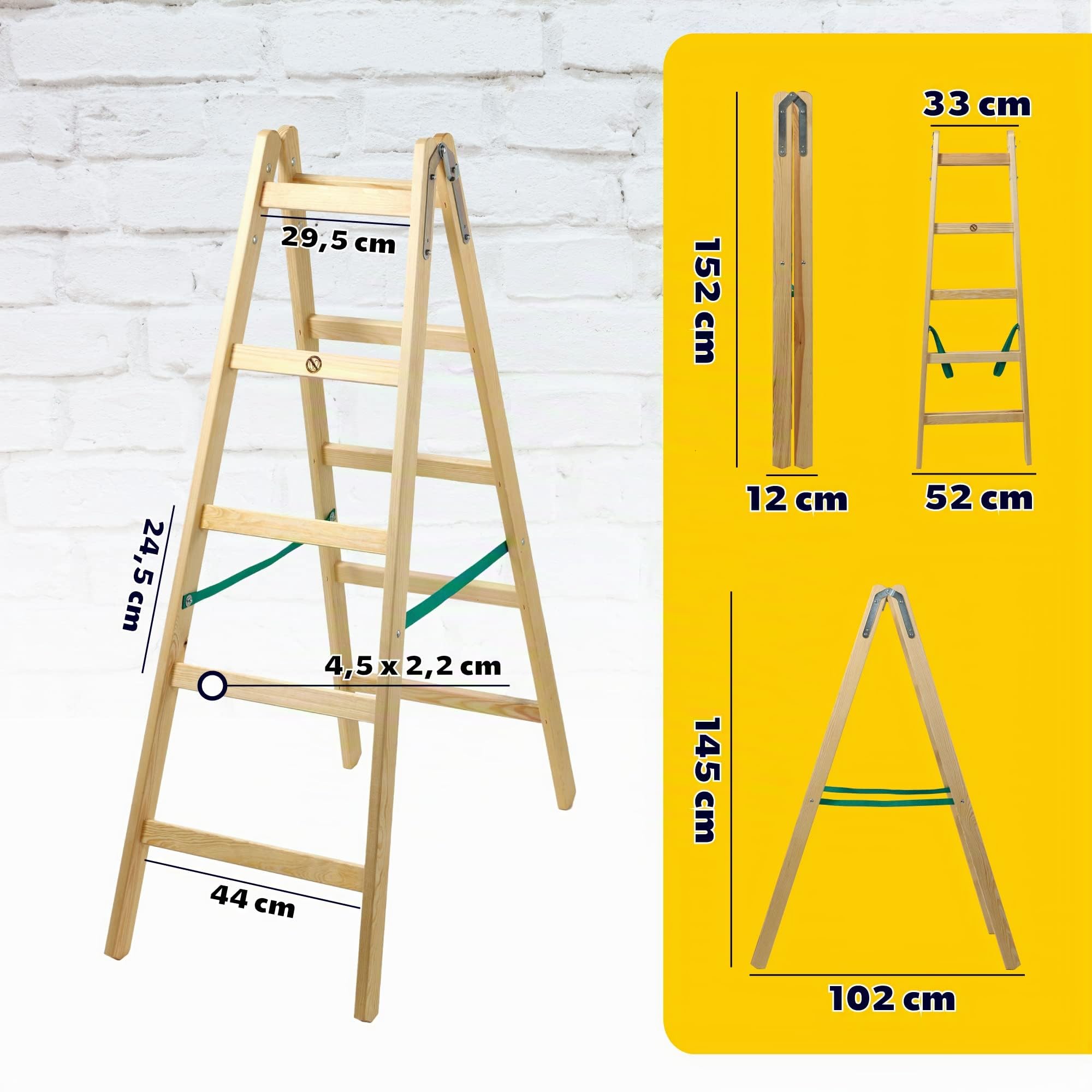 KADAX Escalera de Madera de Pino Imreganda con 5 Peldaños, Diseño Plegable y Soporte de hasta 150 kg, Ideal para Uso en Interiores y Exteriores