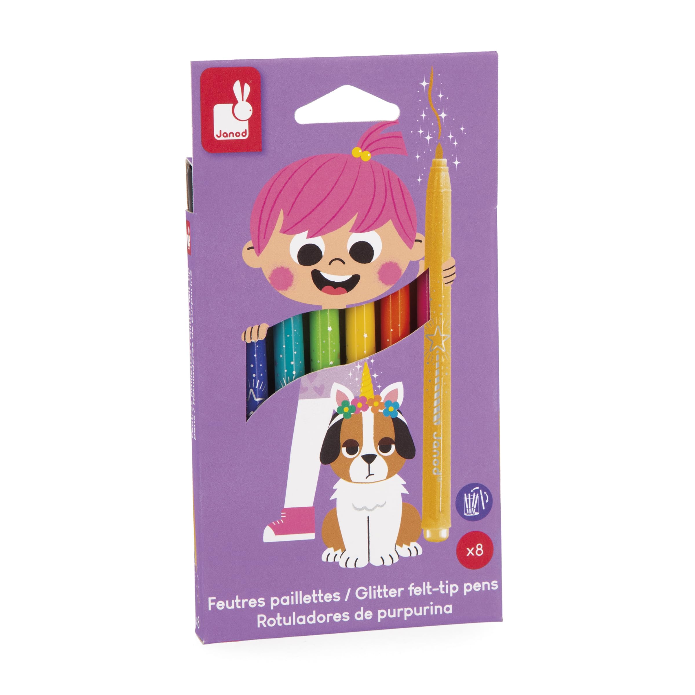 Janod - 8 rotuladores con purpurina - Alta densidad de purpurina y tinta lavable - Colores surtidos - Colorear para niños - Manualidades,scrapbooking,actividades manuales - A partir de 3 años - J07412