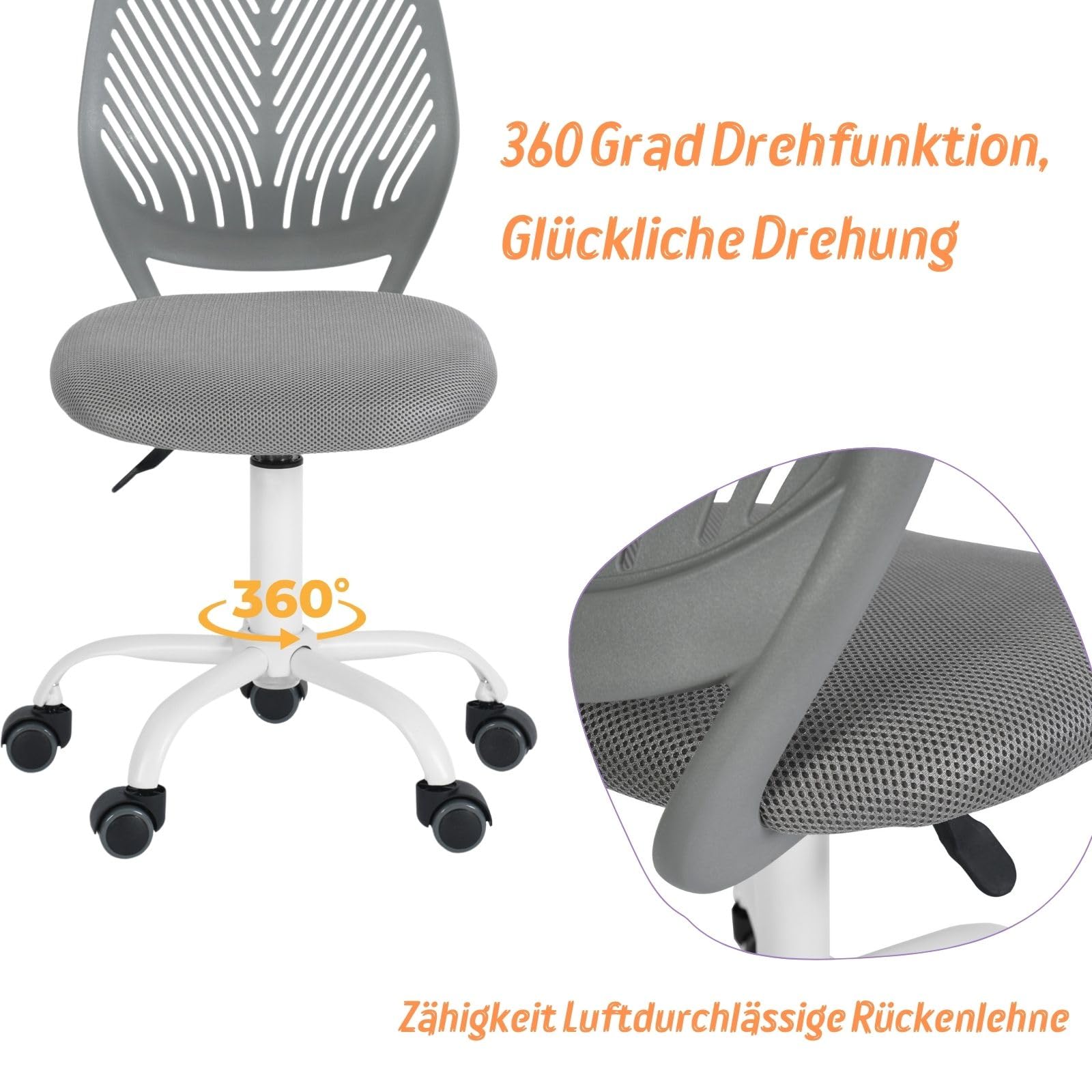 FurnitureR Friseurstuhl ergonomischer Drehstuhl ohne Armlehnen, höhenverstellbar, Netzrückenlehne, Metallfuß mit Rollen, 38x40cm Sitz, 130kg, Dunkelgrau
