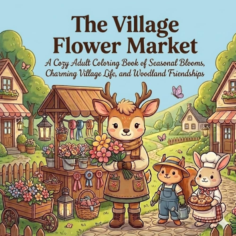 The Village Flower Market: A Cozy Cottagecore Adventure of Seasonal Blooms, Cute Woodland Friends, and Relaxing Countryside Market Scenes for Adults