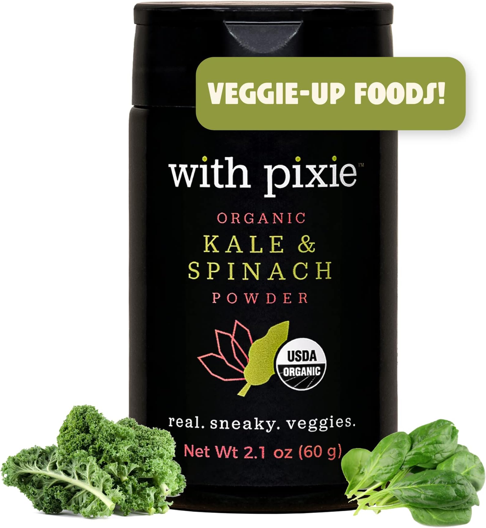 With Pixie Healthy Organic Kale & Spinach Vegetable Powder - Real Organic Whole Foods, Gluten Free, Greens Powder, Plant based, Vegan, Keto, Made with 25 cups of Fresh Veggies! 2.1 oz