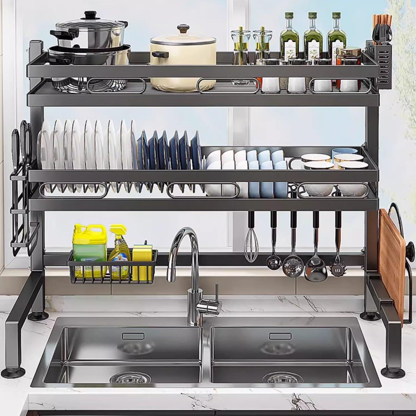 Scolapiatti Multifunzionale per lavello da Cucina, Ampio scolapiatti a 2 Livelli con Grande capacità, antiruggine, con portaposate, per Piano di Lavoro della Cucina.