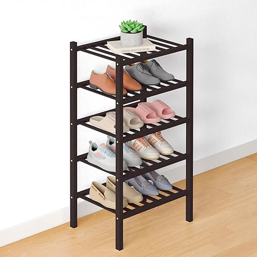 Miniatura 76 de Smiry Zapatero de bambú para clóset, organizador de zapatos apilable de 4 niveles largo de madera, estante de almacenamiento de zapatos Negro