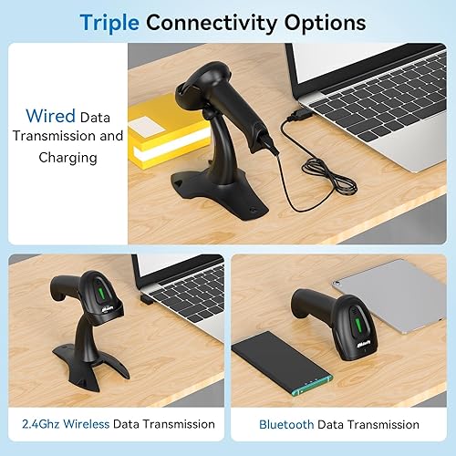 Miniatura 6 de Alacrity Escáner de código de barras inalámbrico 2D 1D con soporte, conectividad 3 en 1 Bluetooth 2.4G inalámbrico USB, lector de código de barras