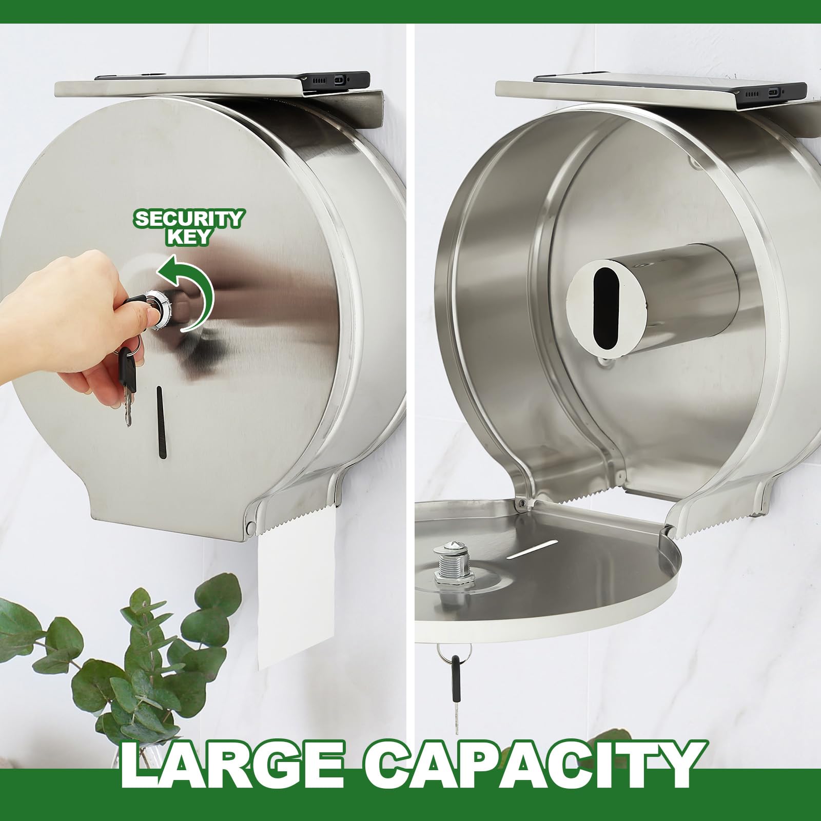 Mifoci 2 dispensadores de papel higiénico con estante de montaje en pared, soporte de papel higiénico comercial de acero inoxidable de 9 pulgadas, dispensador de pañuelos con cerradura y llave para