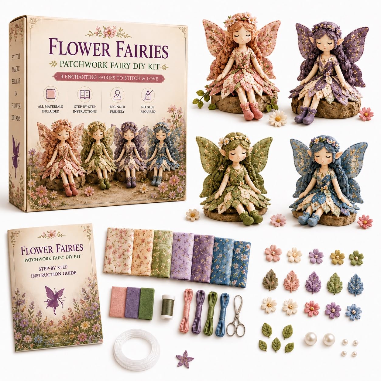 Colección De Bricolaje Patchwork, Muñeca De Tela Alada DIY, Divertido Kit De Costura Hecho A Mano, 4 Muñecas De Tela Aladas Hechas A Mano, Materiales De Costura Completos(A)