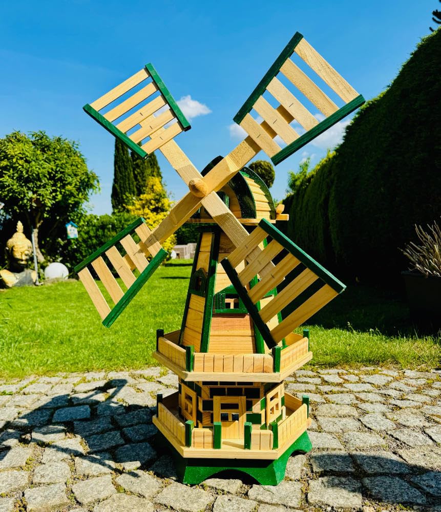 Handgefertigte sechseck Doppelstock Garten Windmühle aus Holz Natur/Grün Höhe 93 cm