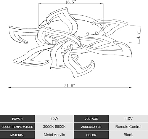 Miniatura 6 de Lámpara de techo moderna con diseño de flores, color negro, con control remoto, para sala de estar, dormitorio, cocina, regulable W31.5