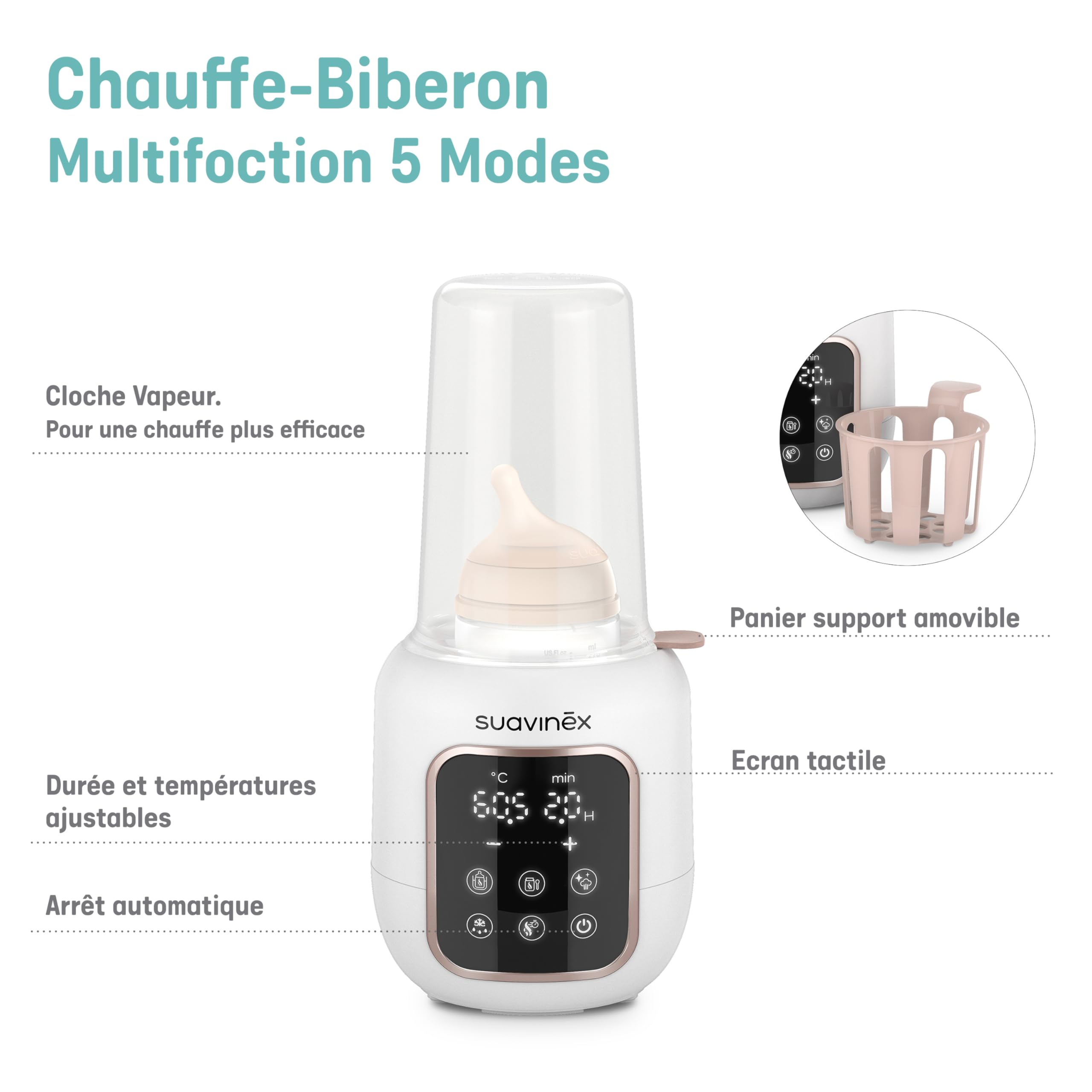 Suavinex, Chauffe-Biberon et Stérilisateur 2 en 1. 5 Modes : Décongelation, Mode Rapide, Chauffe Petit Pots, Bain-Marie et Stérilisation. Pour Lait Maternel ou en Poudre, Arrêt Automatique, Blanc