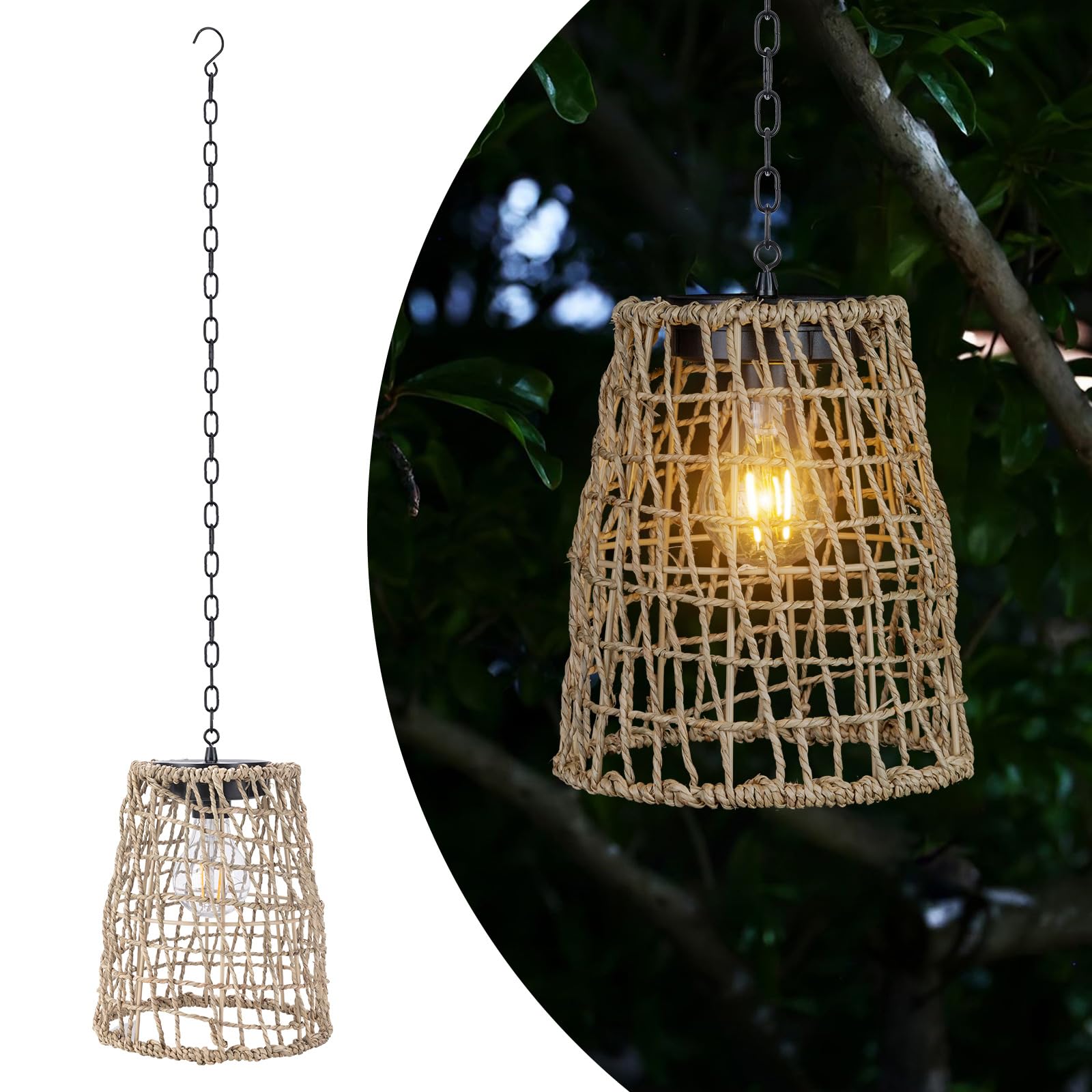 HERJIATK Outdoor Hanging Pendant Lights Hand-Rattan Outdoor Chandelier, Outdoor Lanterns for Patio Waterproof, Boho Pendant Solar Light for Wedding Garden Courtyard Hallway Entryway Decor