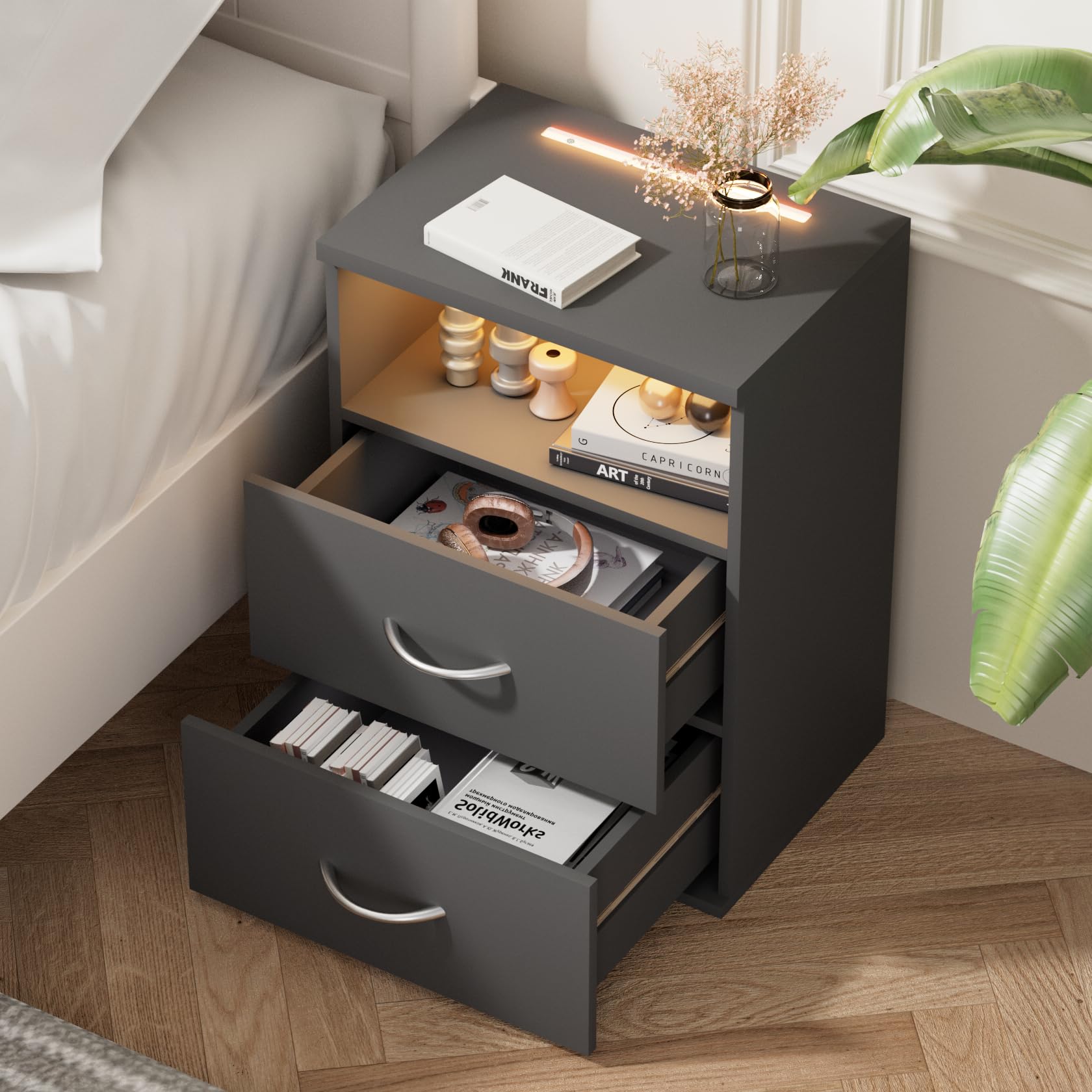 Casaria® Comodino Set da 2 Illuminazione LED Touch 40x28x55cm in Legno 2 Cassetti Camera da Letto Tavolino Comodini