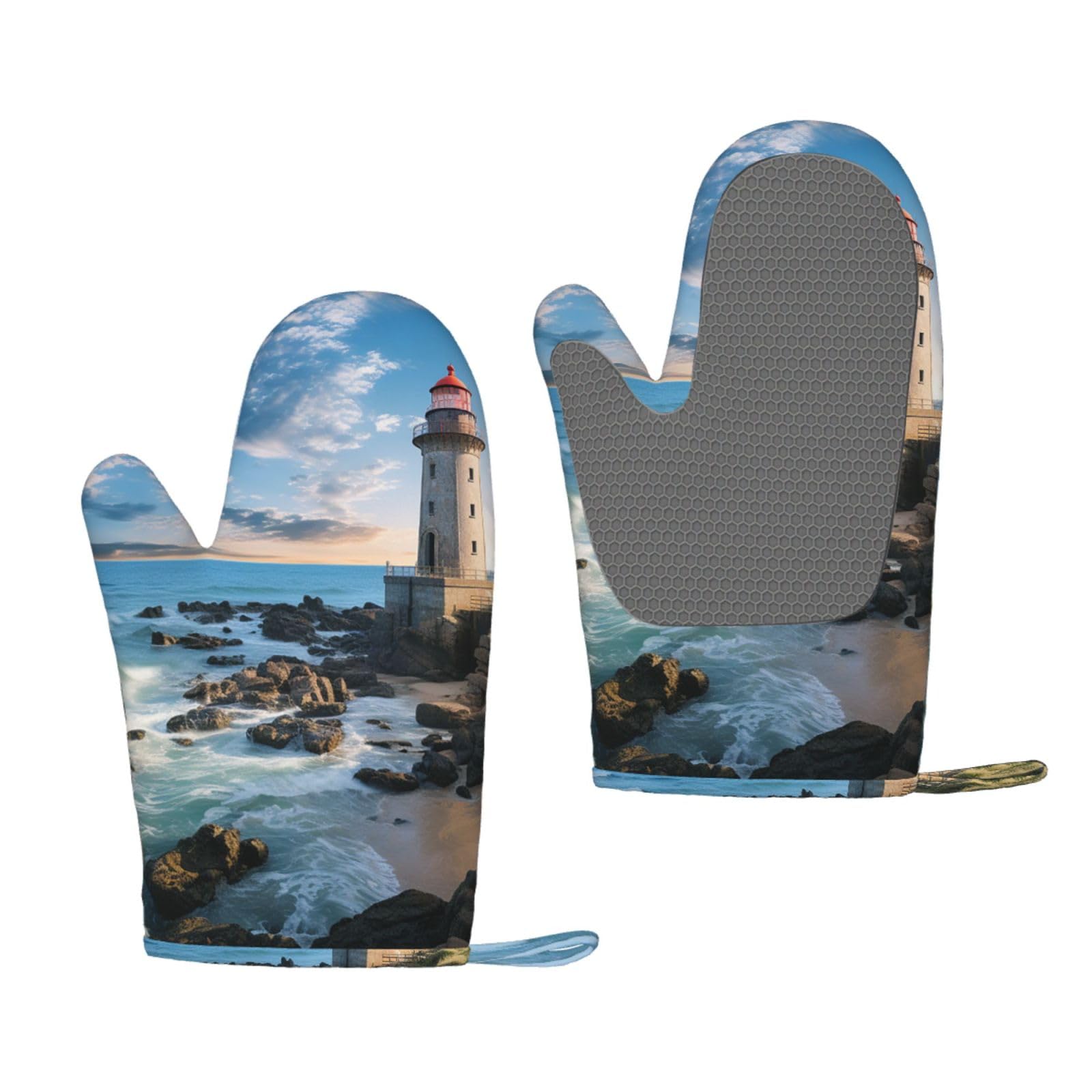 Oven Mitts Sets of 2 Heat Resistant Kitchen Gloves Beach Lighthouse Oven Mitts BBQ Oven Gloves Non-Slip Silicone Oven Mitts Waterproof Cooking Safety Gloves for Kitchen Baking Cooking