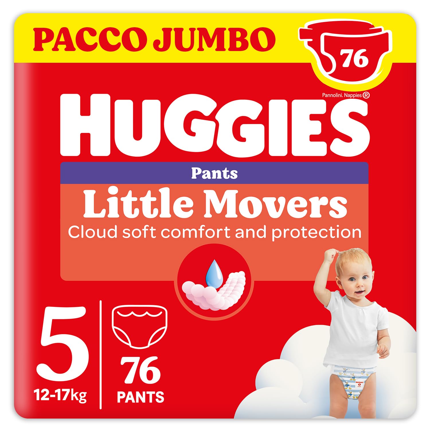 Huggies Little Movers Pannolini Mutandina Taglia 5 (12-17 Kg), Ultra assorbente, Protezione completa, Pacco Jumbo, 76 Pz