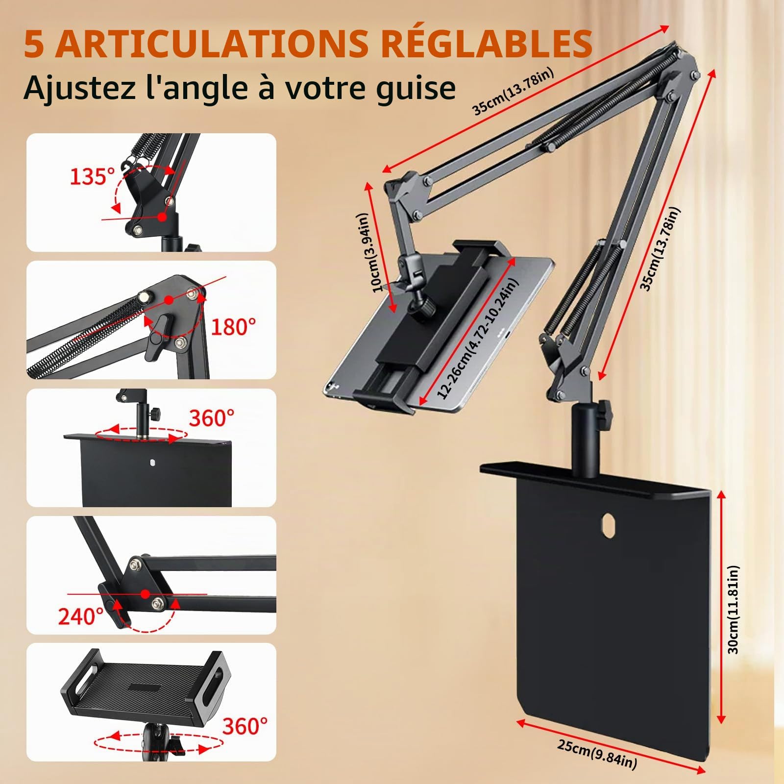 Support de tablette mains libres pour lit avec bras long réglable – Support pliable en métal pour Kindle, tablettes, iPad et téléphone portable, design caché, n'endommage pas les meubles (NB