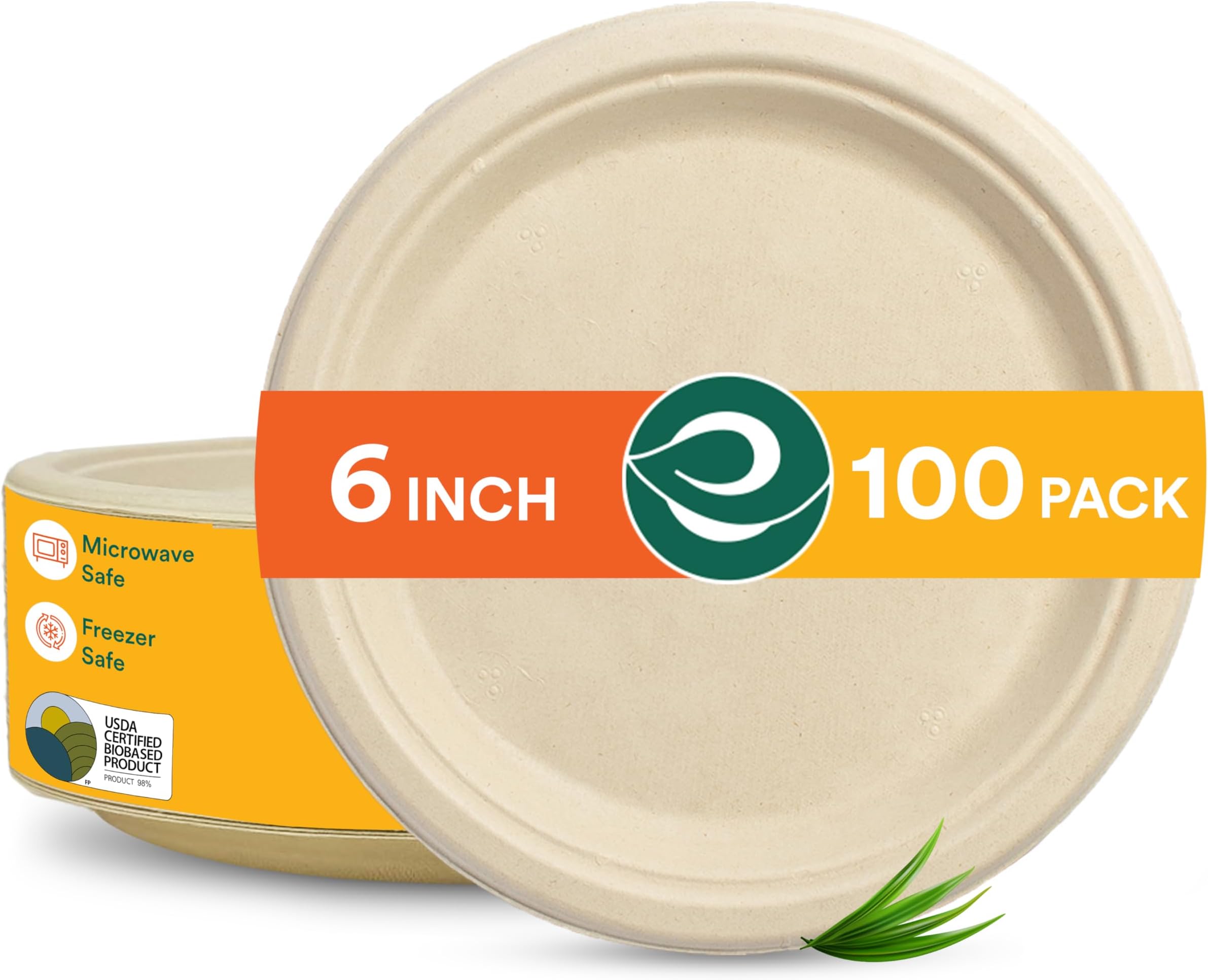 ECO SOUL [6 inch, 100 Pack Disposable Bagasse Plates | Eco-Friendly, Biodegradable, Sugarcane Paper Plates | for Serving Snacks | Birthday, Wedding & Party | Round, Beige (15 cm)