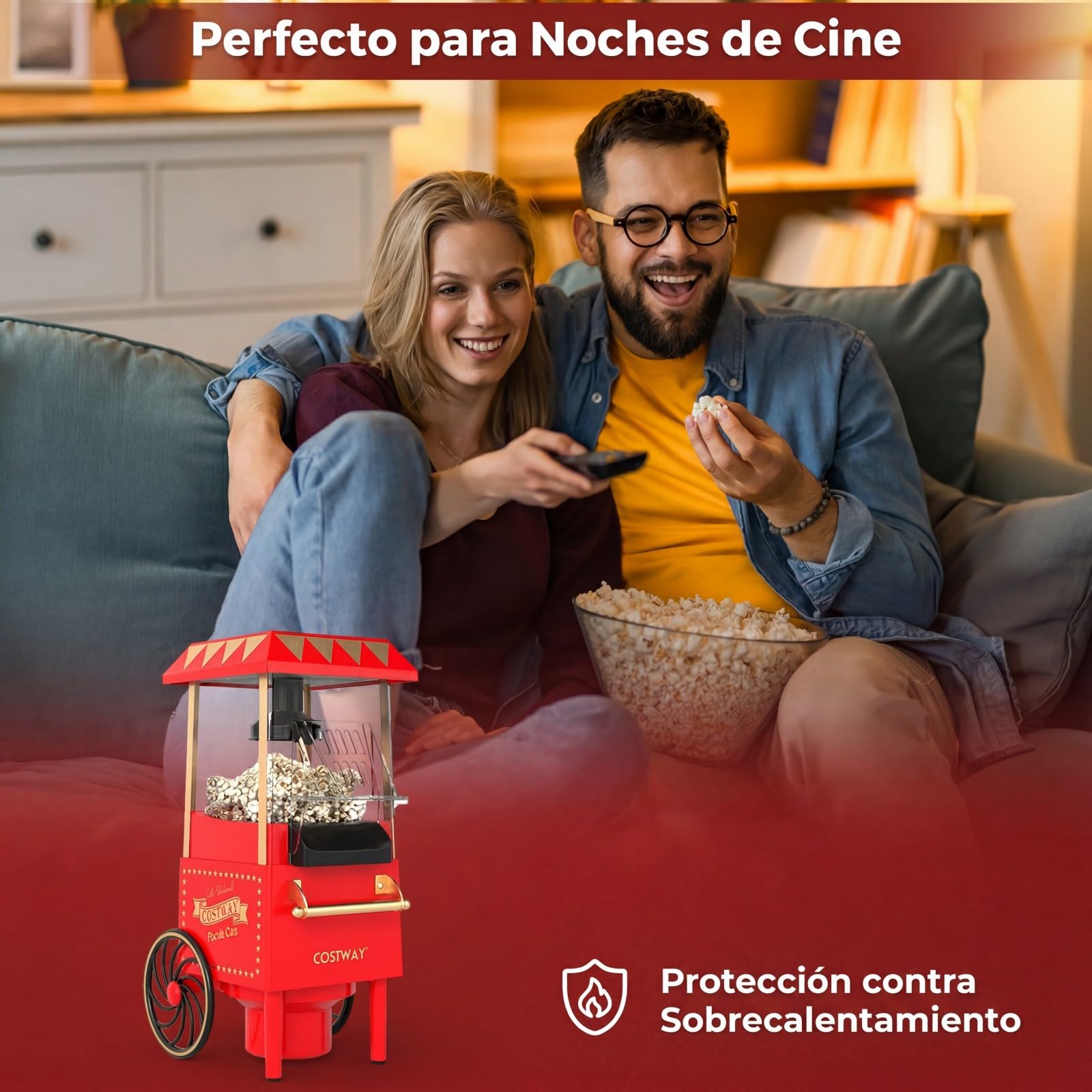 COSTWAY 1200 W Palomitero Eléctrico de Aire Caliente, Máquina de Palomitas Maíz sin Aceite ni Grasas, 12 Tazas con Vaso Medidor, Palomitera Retra de Sobremesa para Hogar, Cine, Fiesta