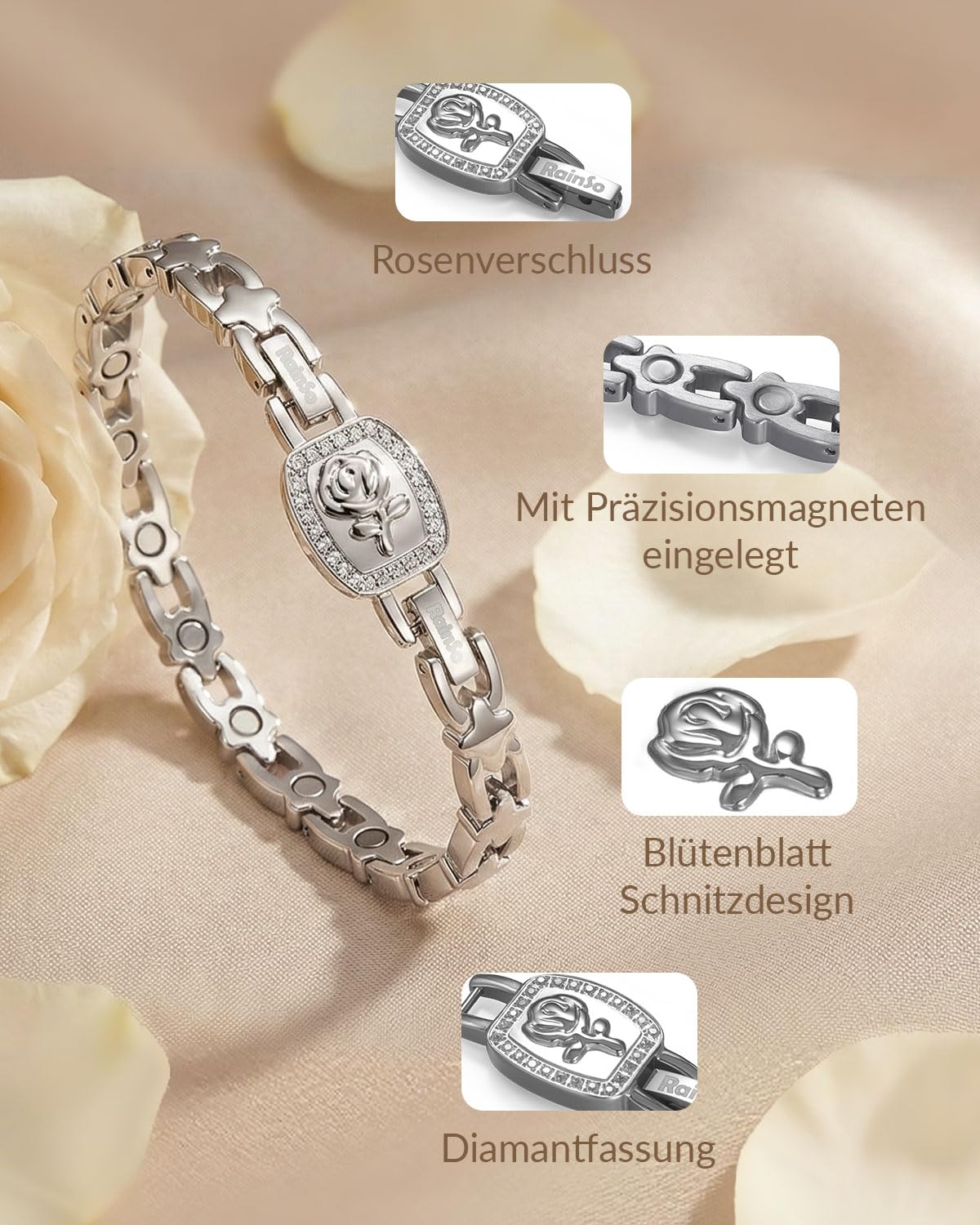 RainSo Bracelet magnétique pour femme - Rose amovible - Bracelet 2 en 1 en acier inoxydable avec double possibilité de port - Taille réglable - Avec outil de réglage et boîte cadeau (argent)