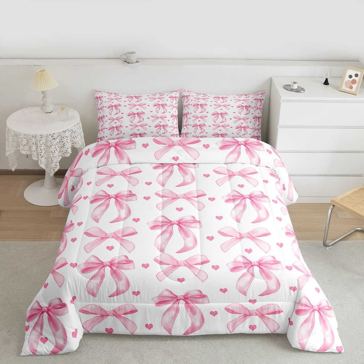 Homewish Zestaw pościeli z różową kokardą King - dziewczęca wstążka kokarda zestaw kołdry dla dziewcząt dzieci muszka węzeł zestaw kołdry - marzycielski styl księżniczki miłość serce