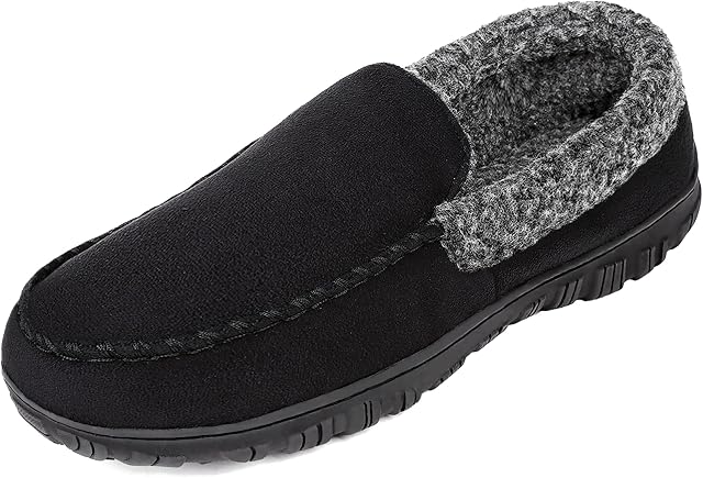 FUPPIA Men's Slippers Moccasin House Shoes Warm Winter Slippers Memory Foam Arch Support with Anti-Skid Rubber Sole Indoor Outdoor Slip on Bedroom Black Shoes