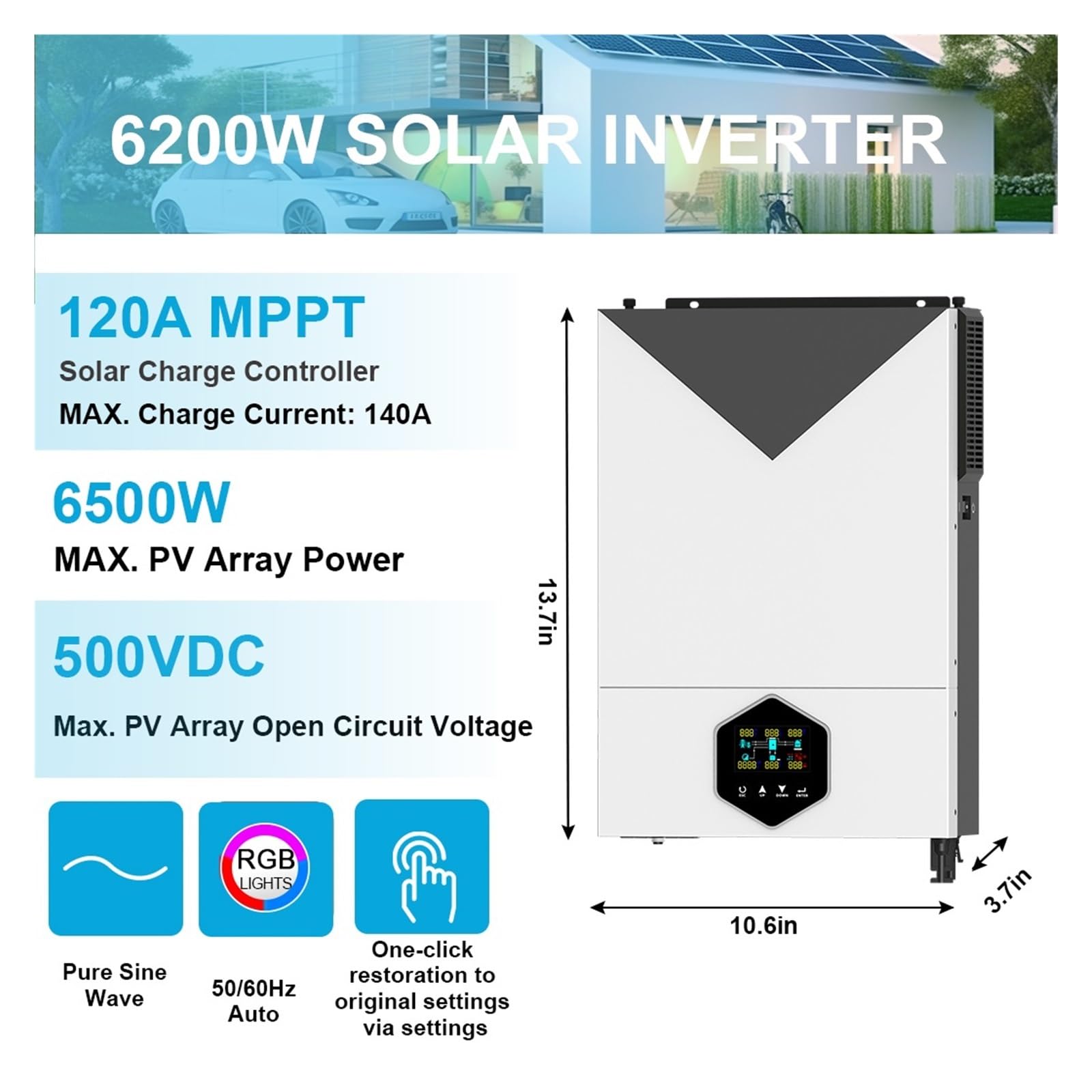 6.2KW On/Off Grid Inversor Híbrido Solar 48VDC MPPT 120A Cargador MAX PV Power 6500W Entrada con Comunicación WiFi Amplia AplicacióN(MPPT-6.2KW)