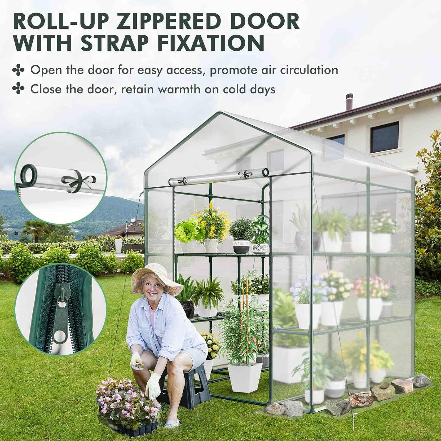 Costway Walk-in Greenhouse w/ 3 Tiers 8 Shelves, PVC Cover, Roll-up Zippered Door, Heavy-Duty Metal Frame, Outdoor Indoor Portable Mini Greenhouse, Winter Hot House for Garden Yard, 139 x 144 x 195 cm