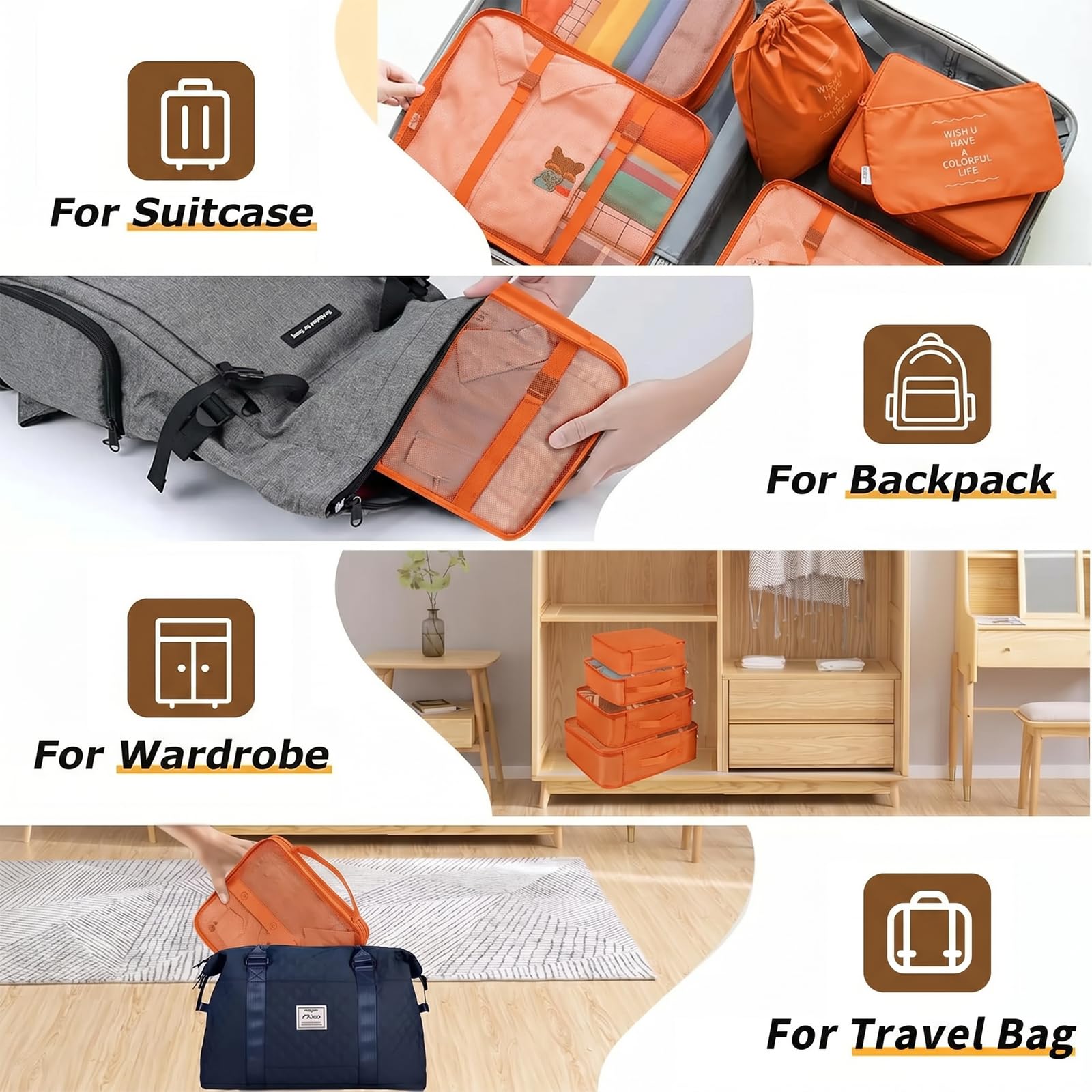 LANSKLBD 6/8 Set Packing Cubes for Suitcases Travel Luggage Packing Organizers,Travel Accessories Essentials Luggage Organizer with Shoe/Tioletry/Laundry Bag (Orange, 8 set) view 6