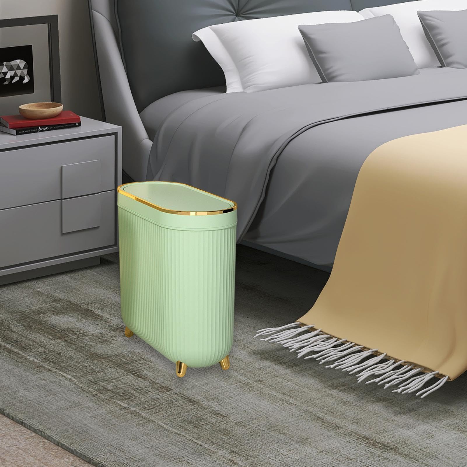 Pattumiera piccola - Pattumiera da bagno | Cestino per rifiuti sottile per WC con coperchio, funzione antiodore e meccanismo silenzioso, efficiente risparmio di spazio per WC, ufficio e cucina, 32x14x