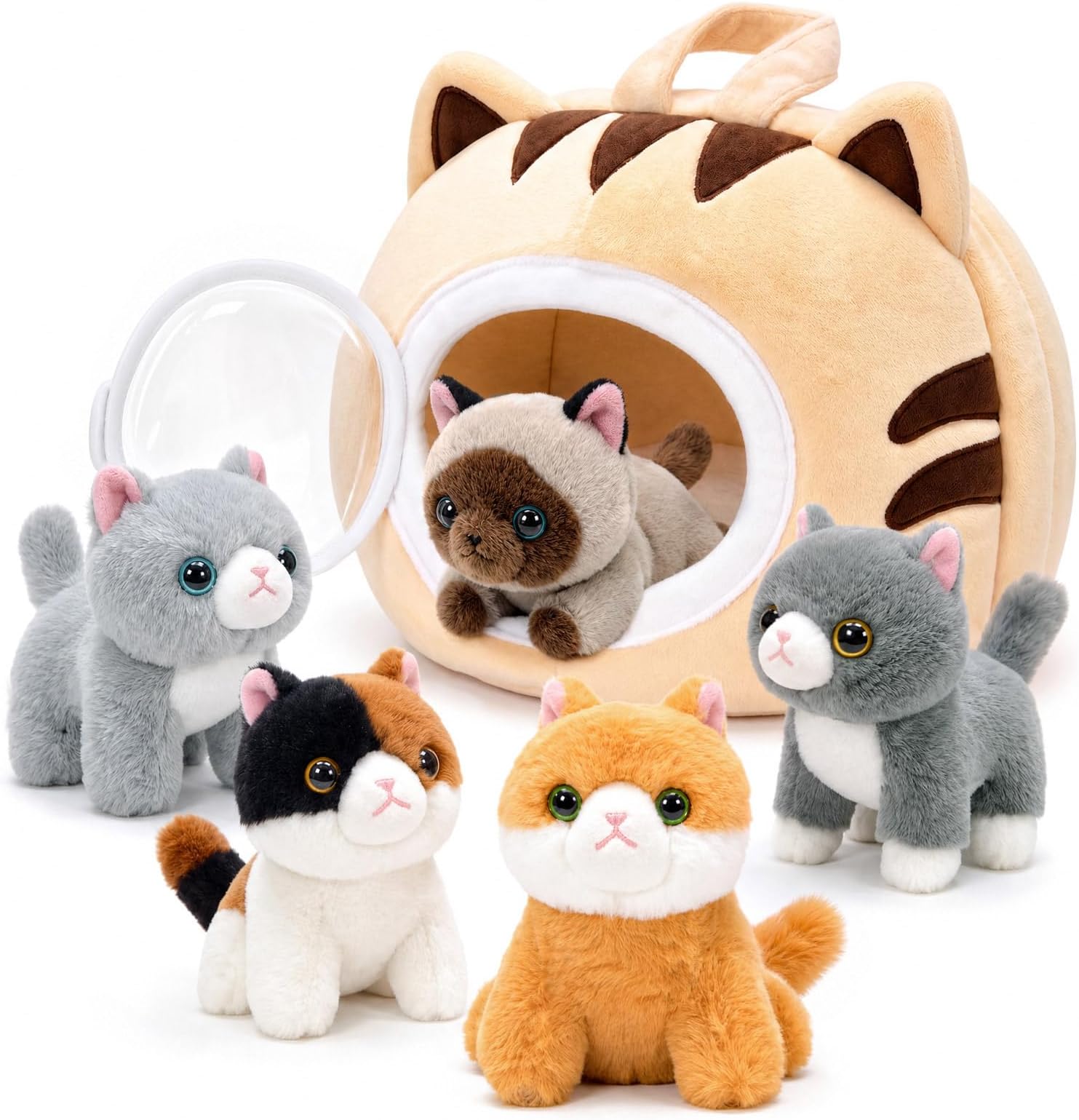 7-Piece Cat Stuffed Animal Playset with 5 Kittens, Plush House and Cushion