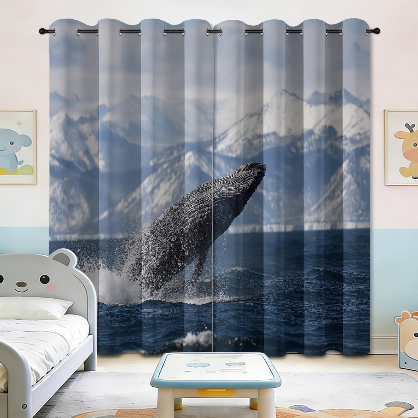 Cortinas opacas, blanco y azul, 116 x 183 cm, 2 paneles
