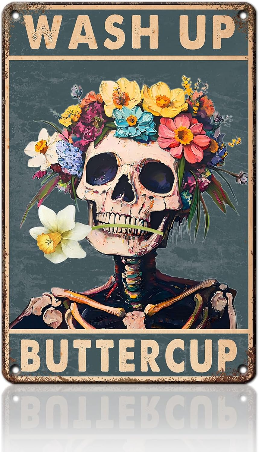 Letrero de metal de esqueleto con diseño de ranúnculo, divertido cráneo, vintage, para decoración de pared, decoración del hogar, baño, inodoro, 8 x