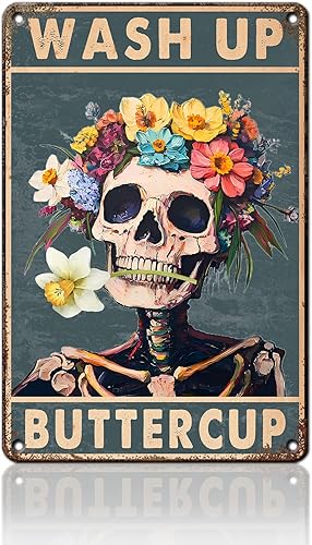 Letrero de metal de esqueleto con diseño de ranúnculo, divertido cráneo, vintage, para decoración de pared, decoración del hogar, baño, inodoro, 8 x