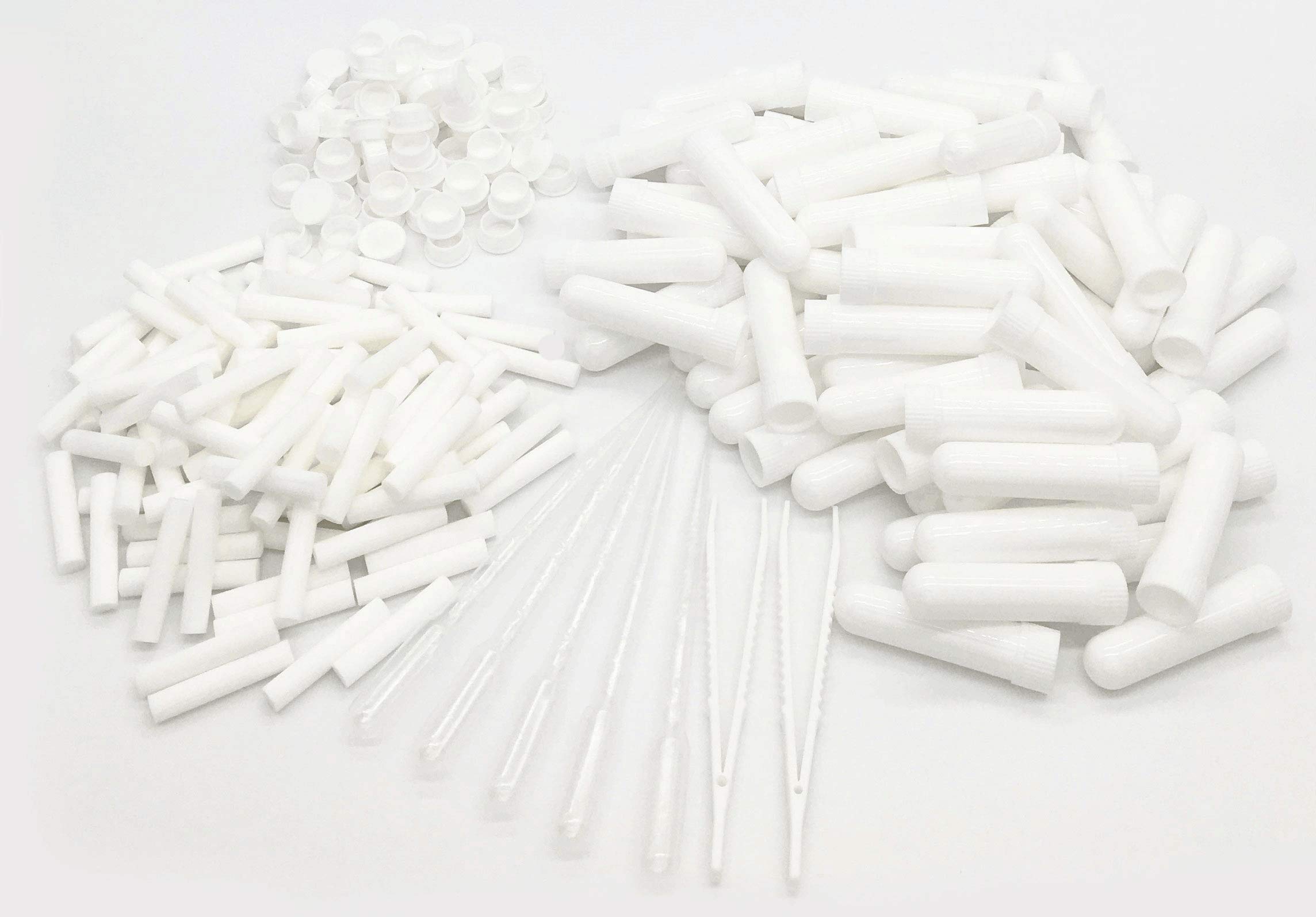 Essential Oil Aromatherapy White Nasal Inhaler Tubes (100 Complete Sticks+10 Extra Wick Stick) +5 Polyethylene Pipette Droppers +2Plastic Tweezers
