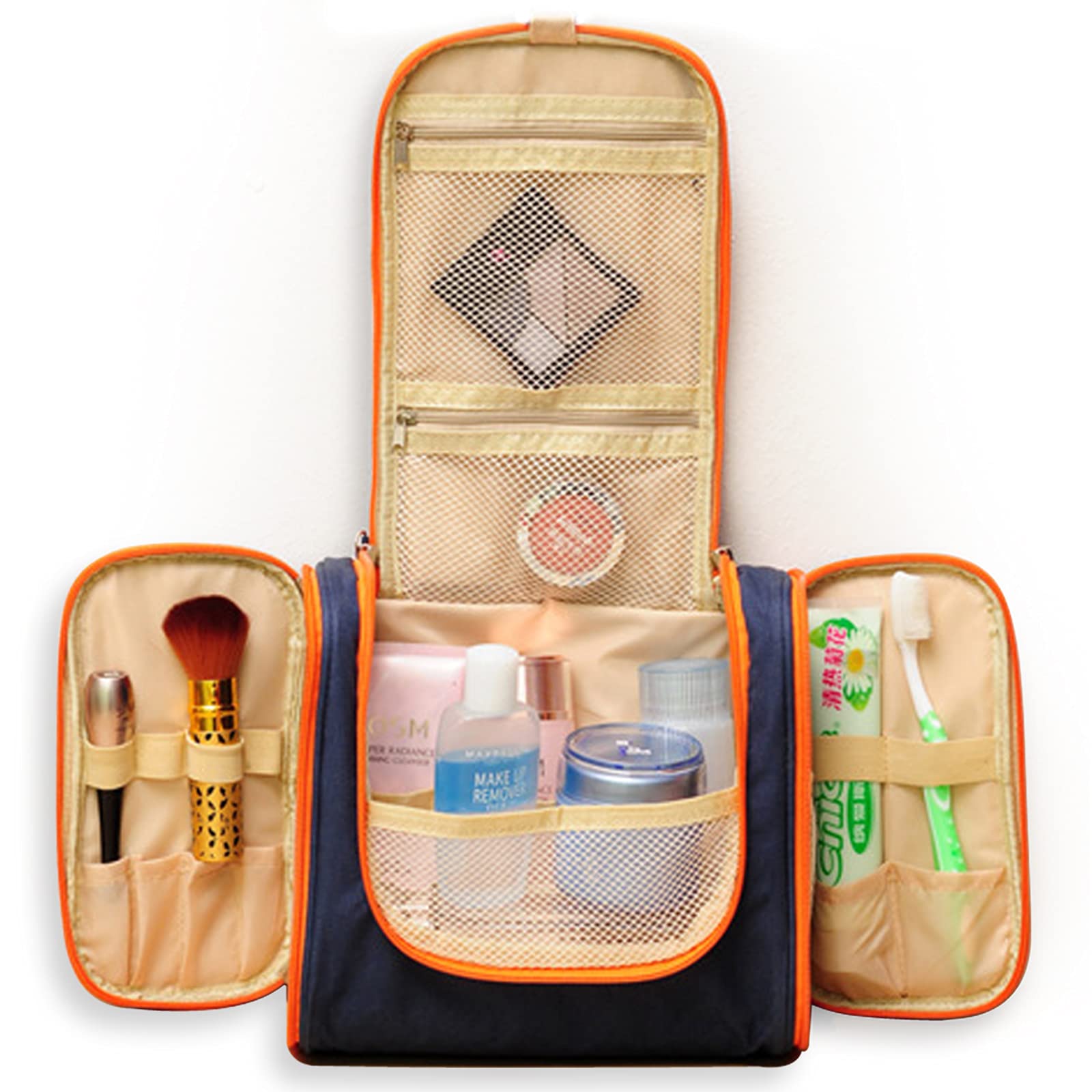 Travel Multi Compartment Hanging Toiletry Bag Kits for Men, Women (Dark Blue)