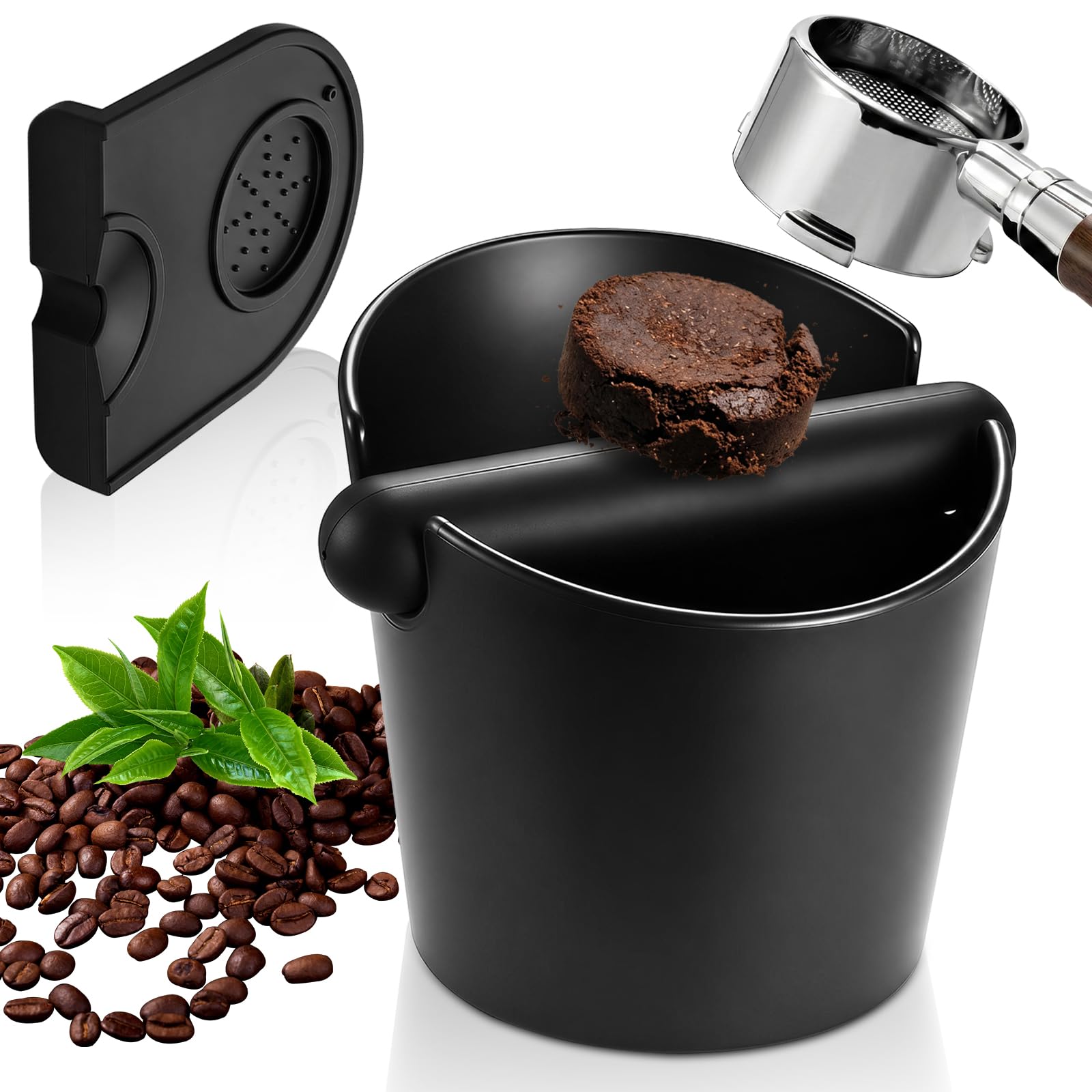 Coffee Knock Box with Tamping Mat, Non-Slip Espresso Grounds Bin with Shock-Absorbent Bar for Home Barista Use