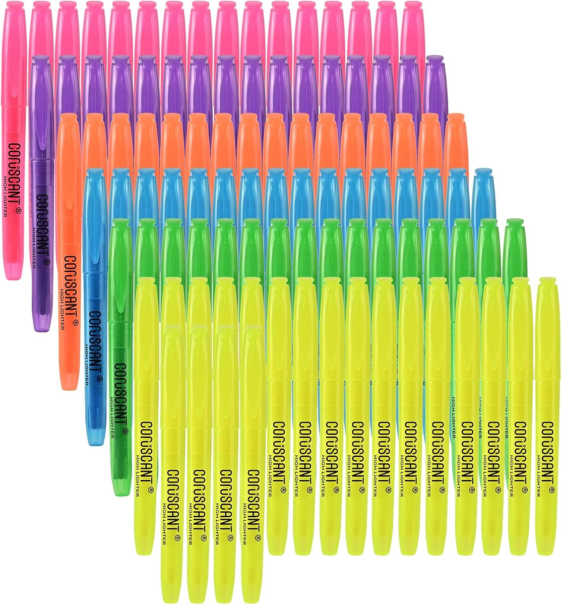 coruscant Resaltador - Paquete de 100 resaltadores de color, carcasa de bolígrafo fluorescente visible de color transparente, marca de punta de cincel ancha, bolígrafo fluorescente, escuela, oficina